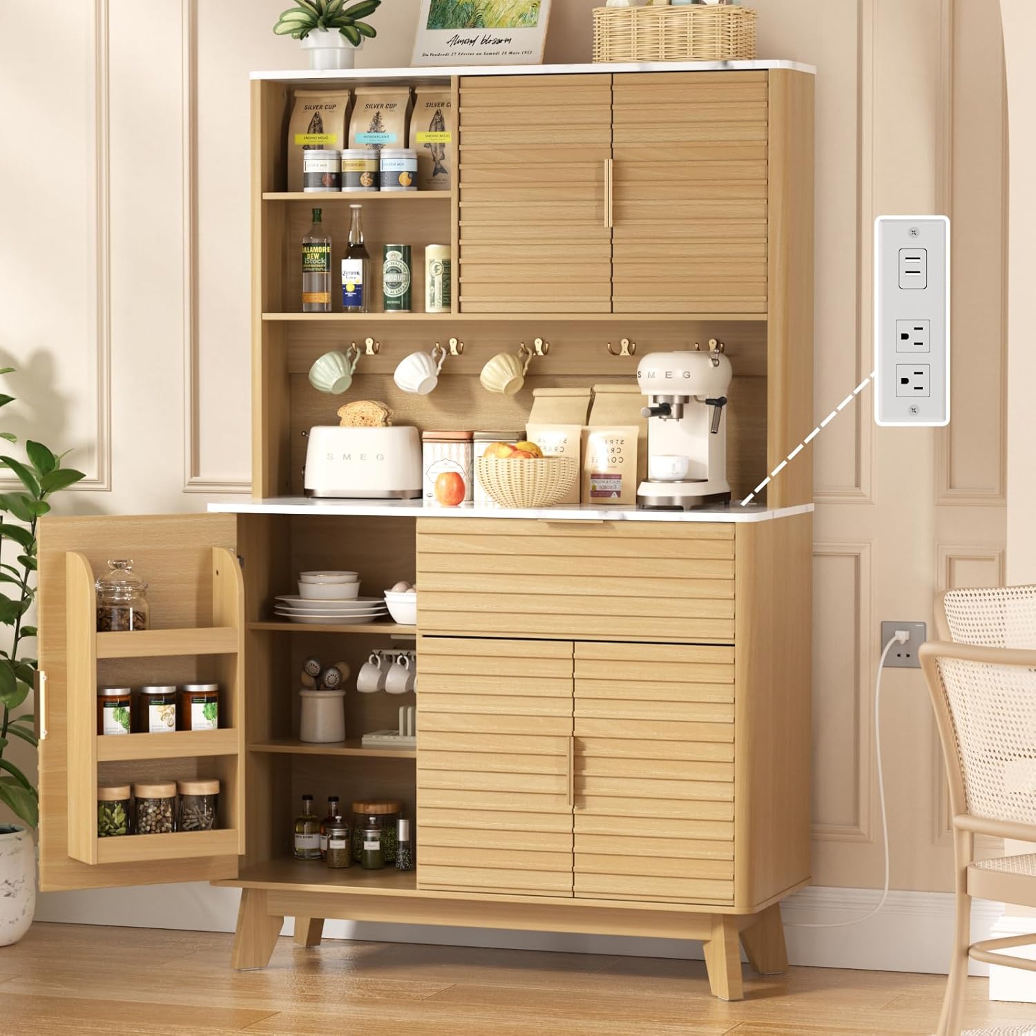 FiveWillowise Kitchen Pantry Cabinet with 4 Charging Stations, Fluted Kitchen Hutch with Large Countertop, Drawers & Shelves for Living Room, Dining Room, Modern, Natural