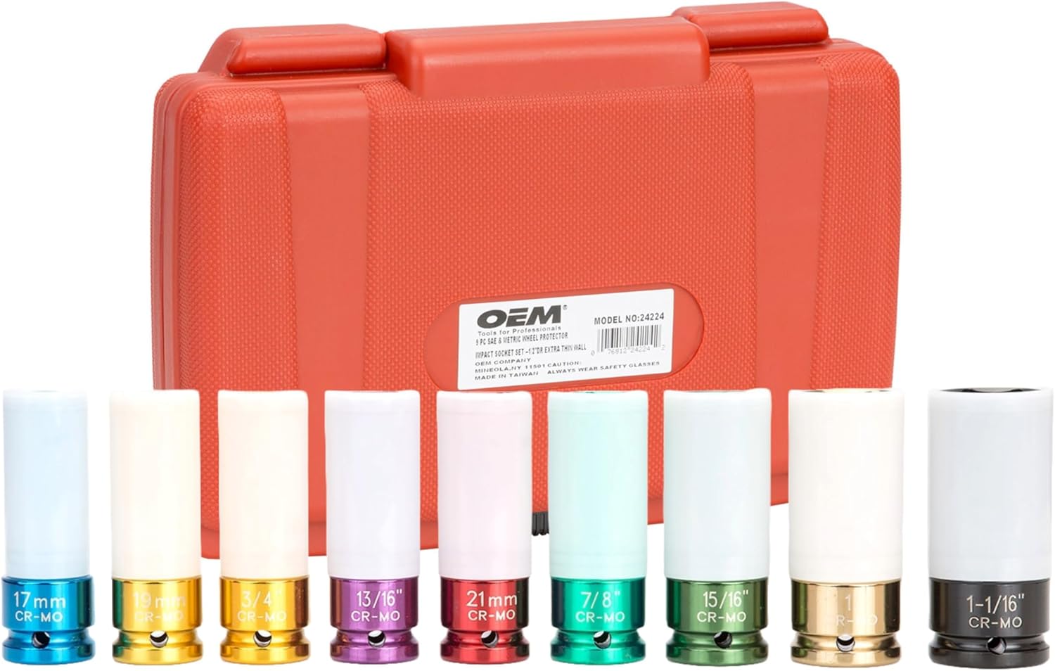 OEMTOOLS 24224 9 Piece 1/2" Drive Wheel Protector Impact Socket Set, Extra Thin Wall Socket Set, Keeps Lug Nuts and Wheels Protected, SAE & Metric Sockets