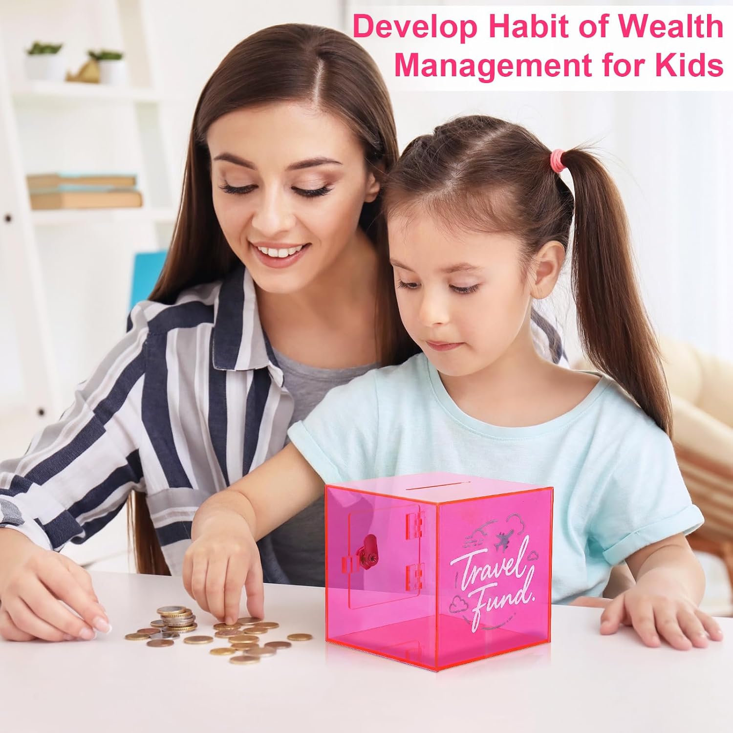 Honeydak 5.9 Inch Travel Fund Pink Piggy Bank with Lock and Key Pink Acrylic Money Saving Box for Cash Coins Real Money