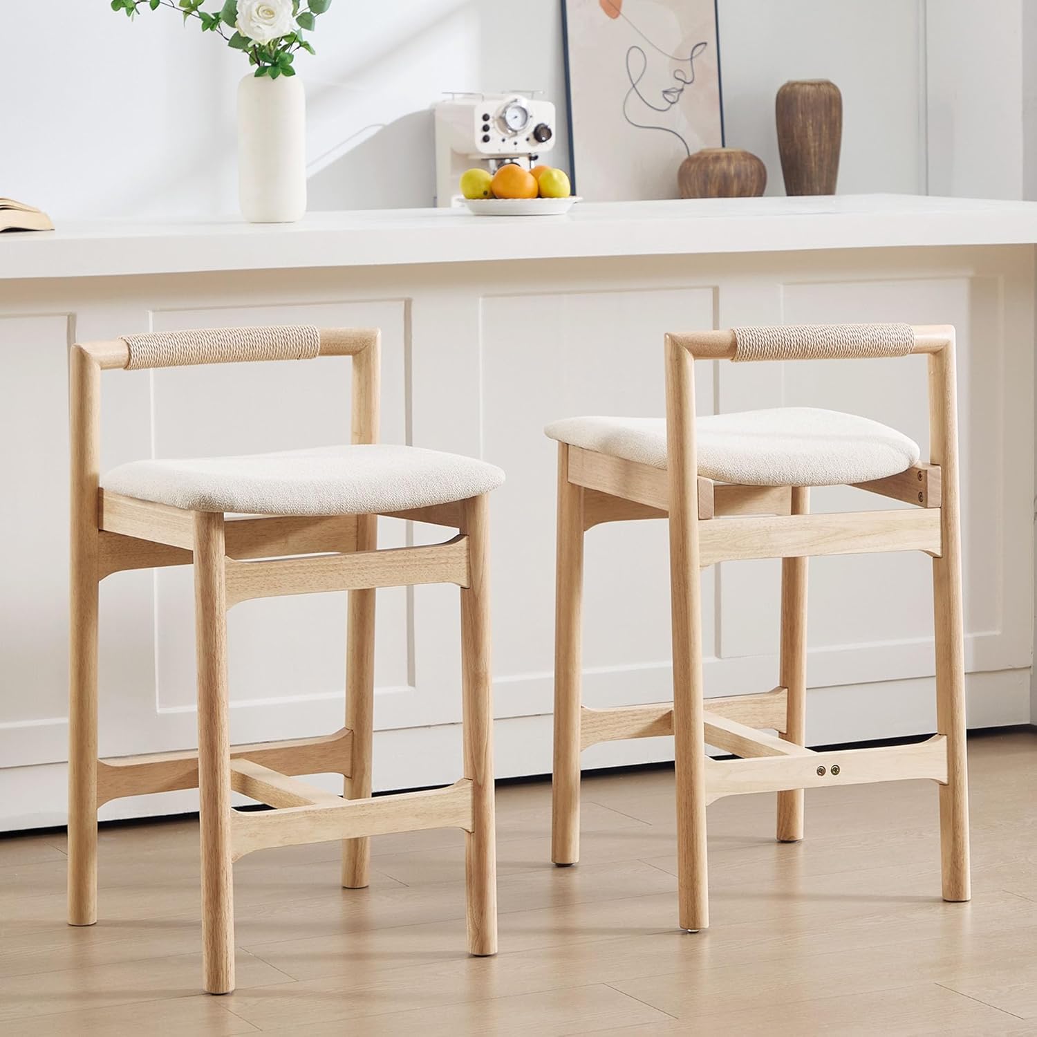 Boho Counter Height Bar Stools Set of 2, 26" Modern Barstools with Woven Paper Rope Back and Natural Solid Wood Frame, Linen Fabric Seat for Kitchen Island, Home Bar, Beige