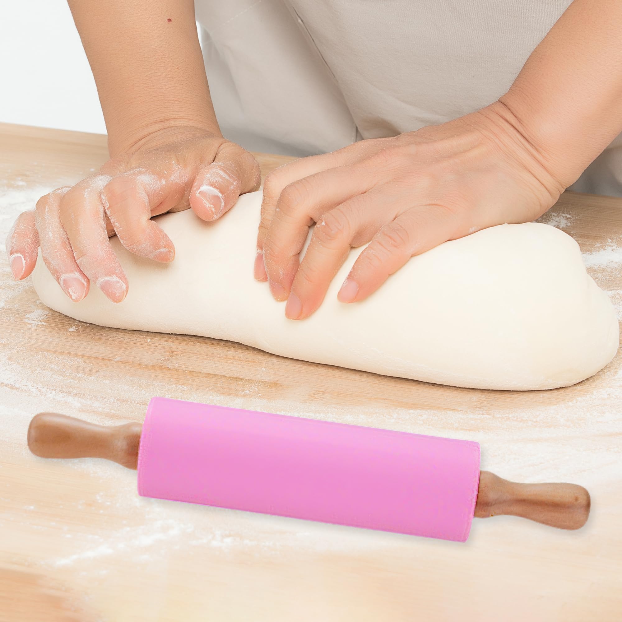 Pink Silicone Rolling Pin - 31cm Food-Grade Rolling Pin with Non-Stick Coating, Perfect for Pizza Dough, Pasta, and Baking with Thickness Rings