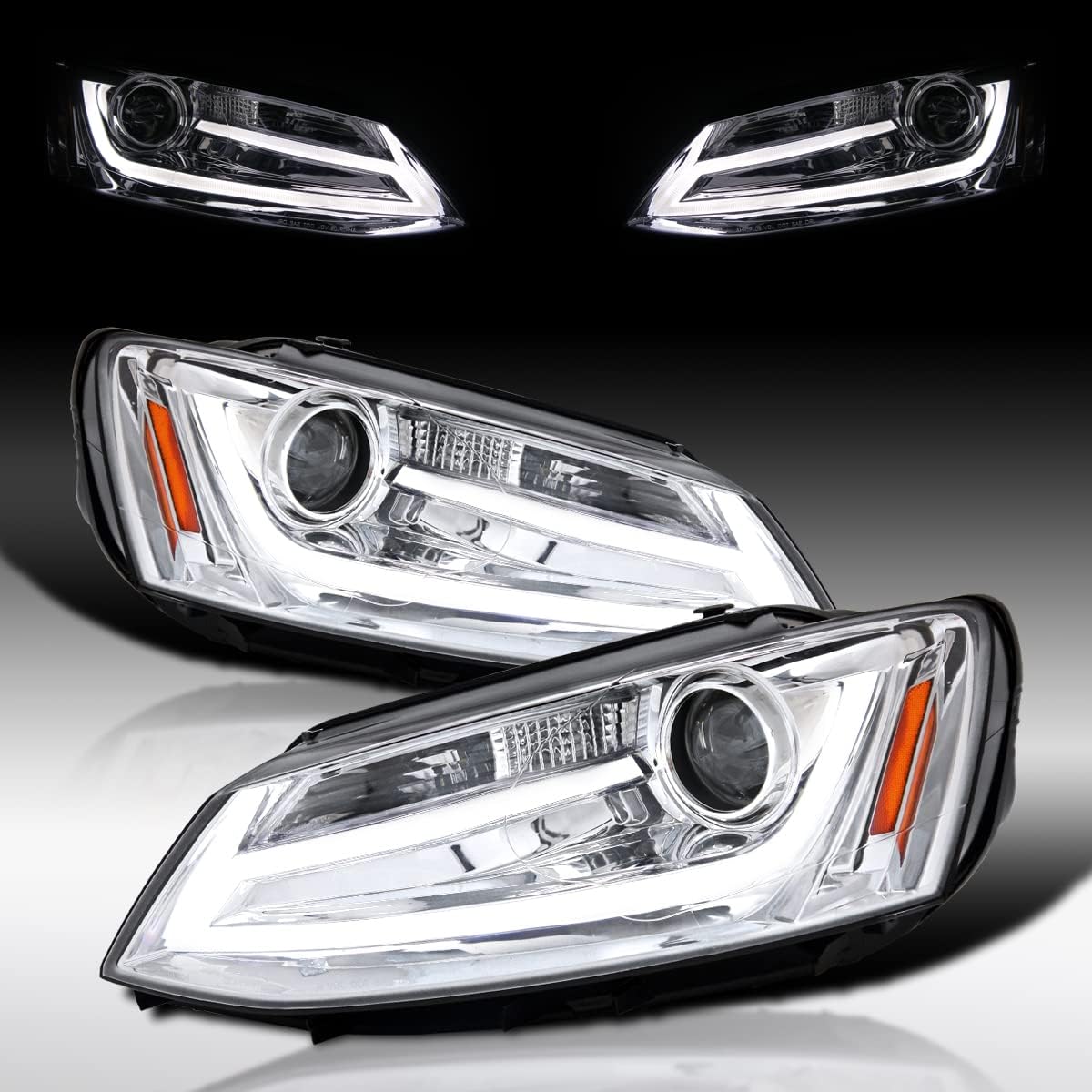 Autozensation Compatible with 2011-2018 Volkswagen Jetta, Left + Right Pair Headlamps Assembly, LED Chrome Projector Headlights w/LED Light Bar