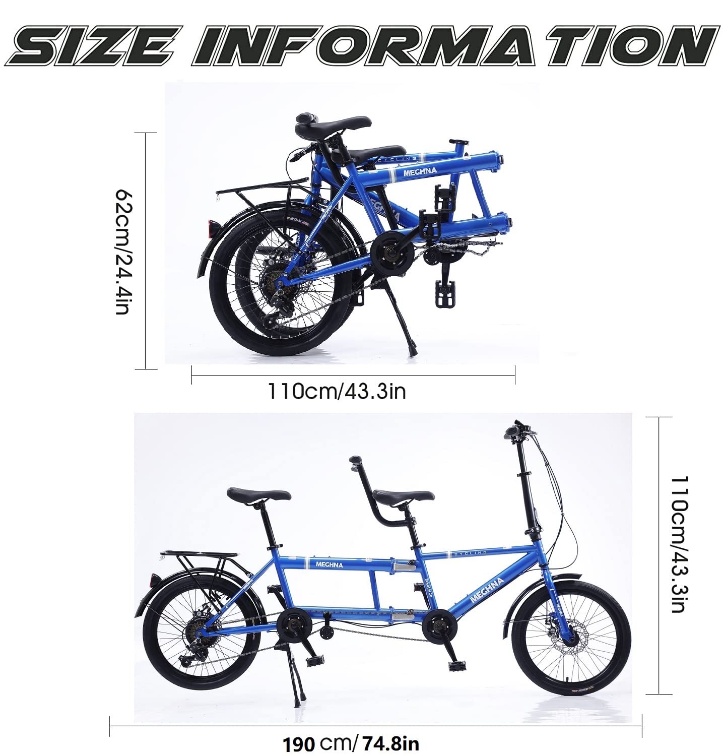Bici Tandem Pieghevole Classico - Città in Tandem Pieghevole, Bici da Spiaggia per Adulti, 7 Velocità Regolabili, 3 Posti, Arancione