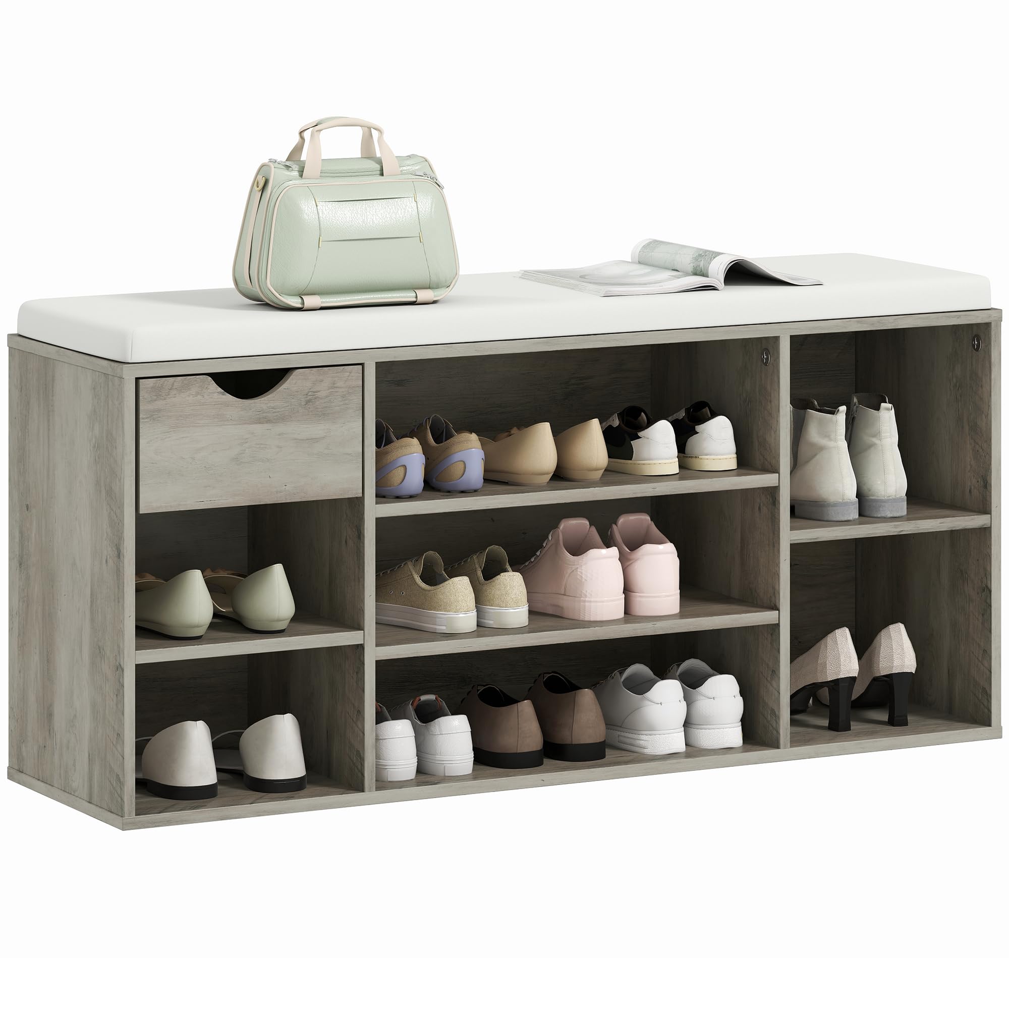 Rackhams Grey Shoe Storage Cabinet Bench W/ Cushion Adjustable Shelves