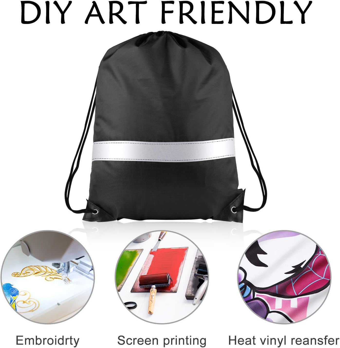 KUUQA 12 Pack Drawstring Backpack Bag with Reflective Strip, String Backpack Bulk Cinch Sack Bags for School Yoga Sport Gym Traveling (Black)