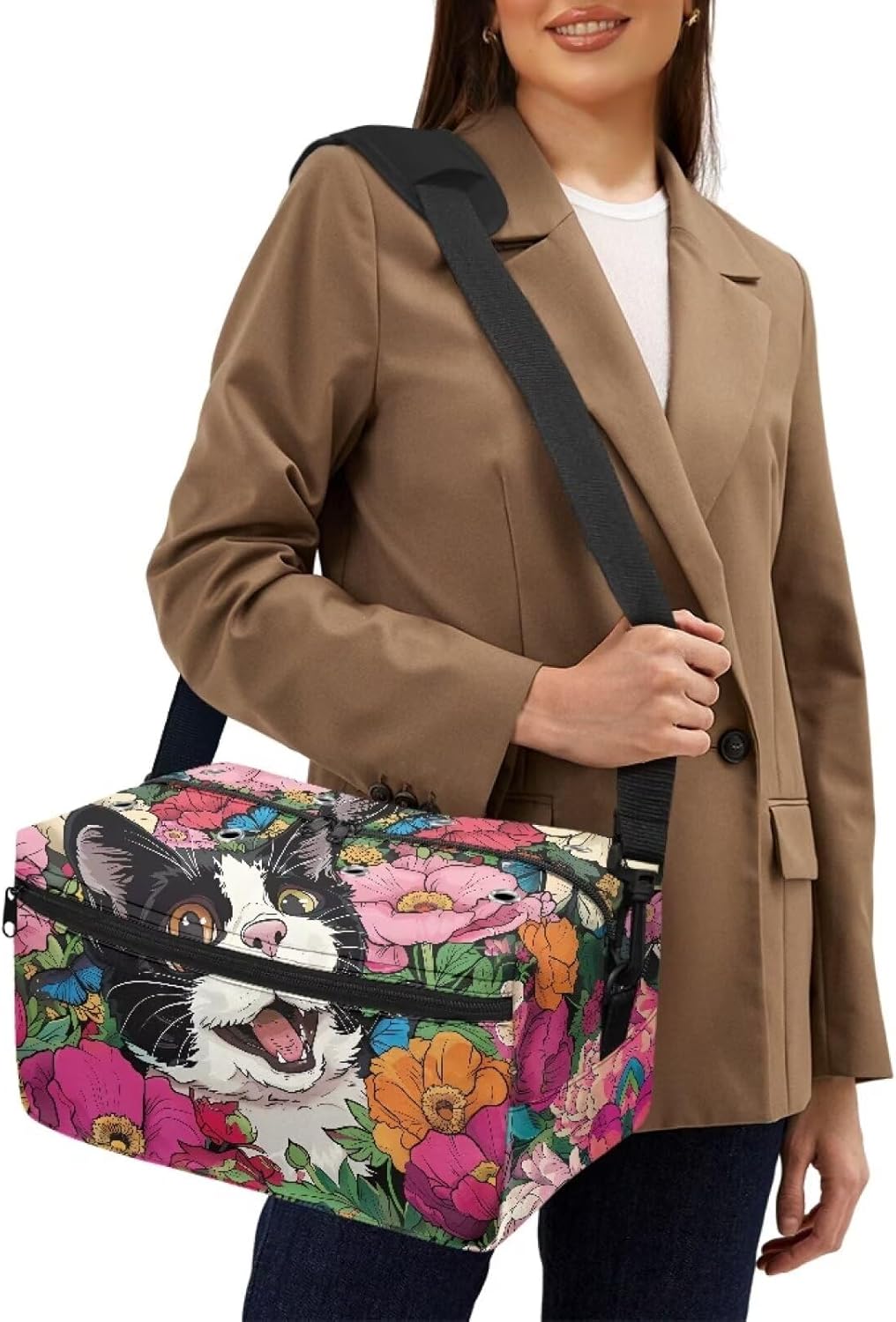 Kathyboom Cat Flowers Yarn Storage Bag Knitting Bag Crochet Bag Organizer, Large Capacity Yarn Bag for Knitting Accessories, Crochet Hooks, Knitting Needles