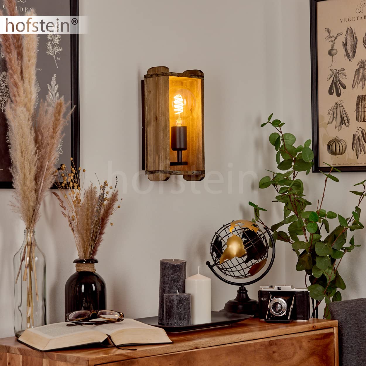 Wandleuchte Avestruz, Vintage Wandlampe aus Metall/Holz in Schwarz/Natur, 1-flammig, 1x E27, Wandspot im angesagten Retro Design aus Echtholz, ohne Leuchtmittel