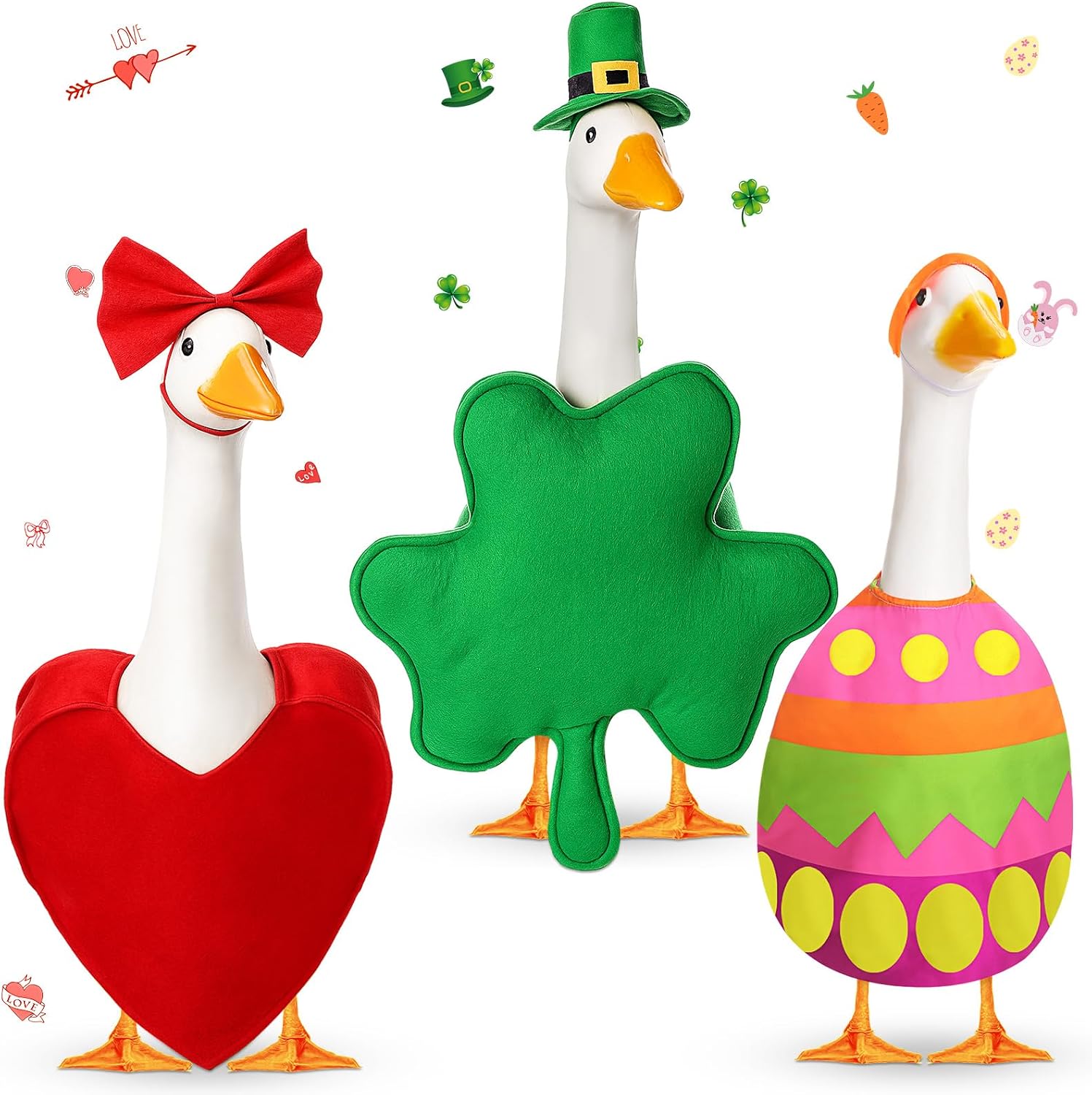 FuWeave 3 Set Easter Goose Outfit St. Patrick Valentine's Day Lawn Porch Goose Clothes Cement Patio Yard Lawn Costume
