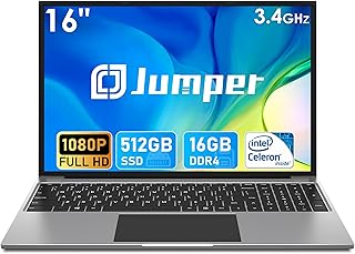 jumper 16 Inch Laptop, 16GB RAM 512GB SSD Laptops up to 3.4GHZ, 1920x1200 FHD Display (16:10), 38000mWH Battery, Four Stereo Speakers, Dual-band Wi-Fi, Bluetooth 4.0, UK Keyboard Film.