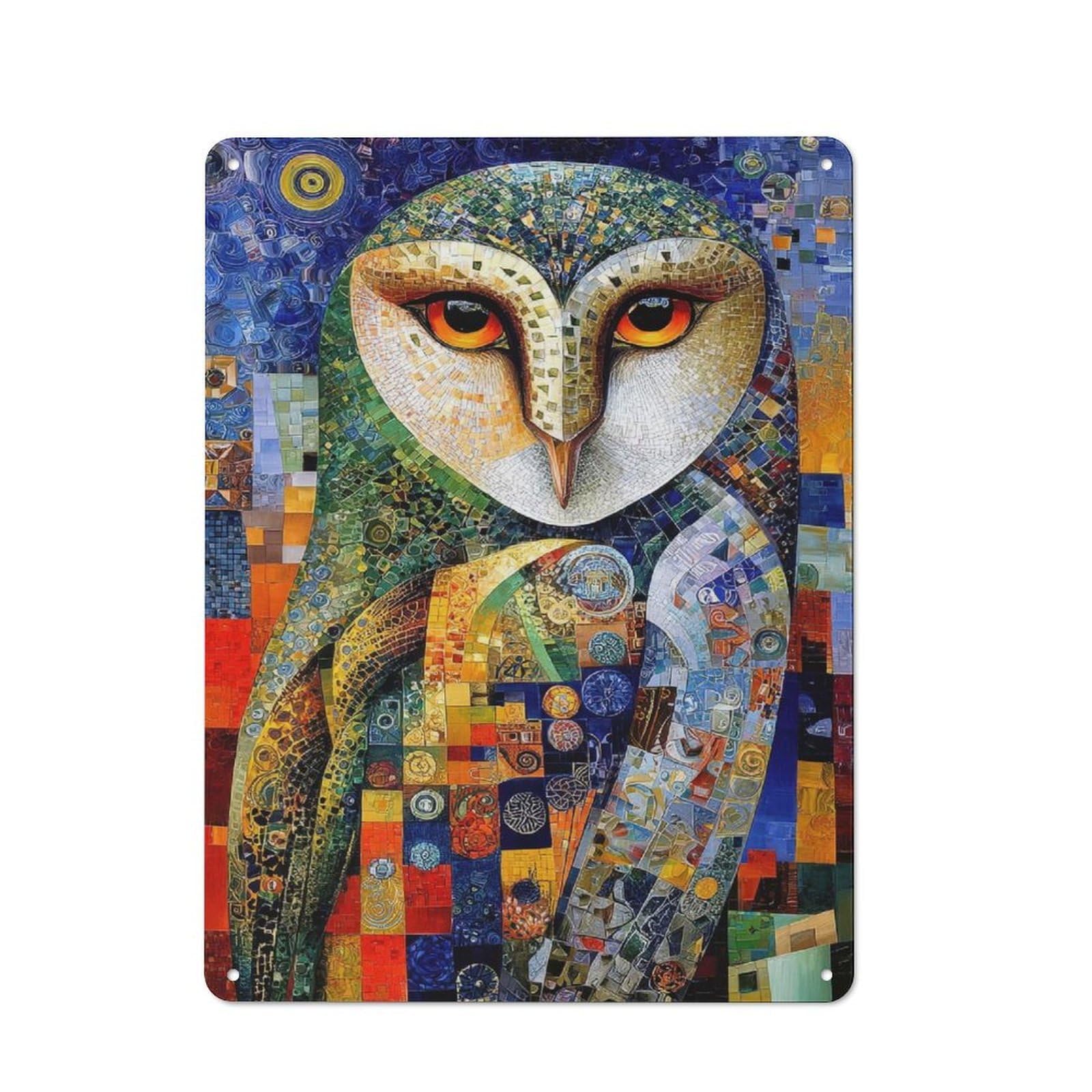 Junmoney Style Metal Wall Sign 40X30cm Featuring Mosaic Owl Portrait For Café Or Home Bar, For Collectors Decorating Cafés And Home Bars