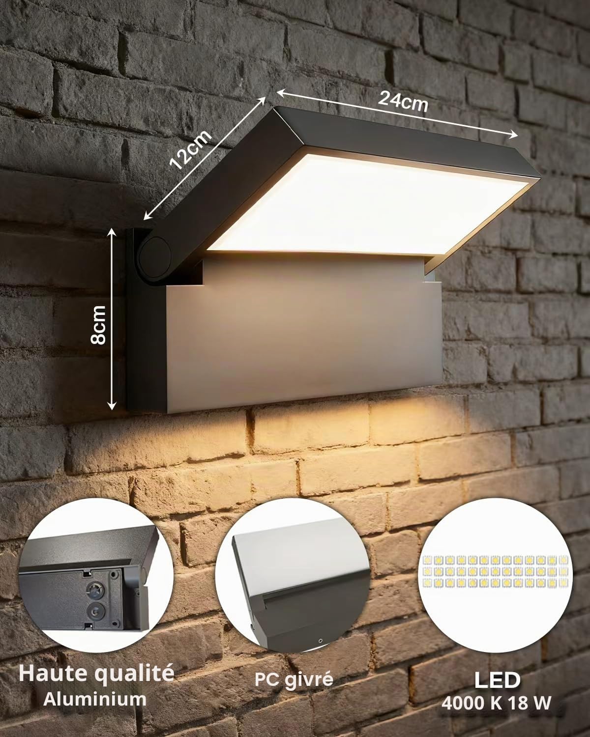 EBION Applique Murale Exterieur LED Panneau Pivotant à 90°,IP65 | pour Terrasse Entrée Jardin Garage,4000K,18W,Anthracite