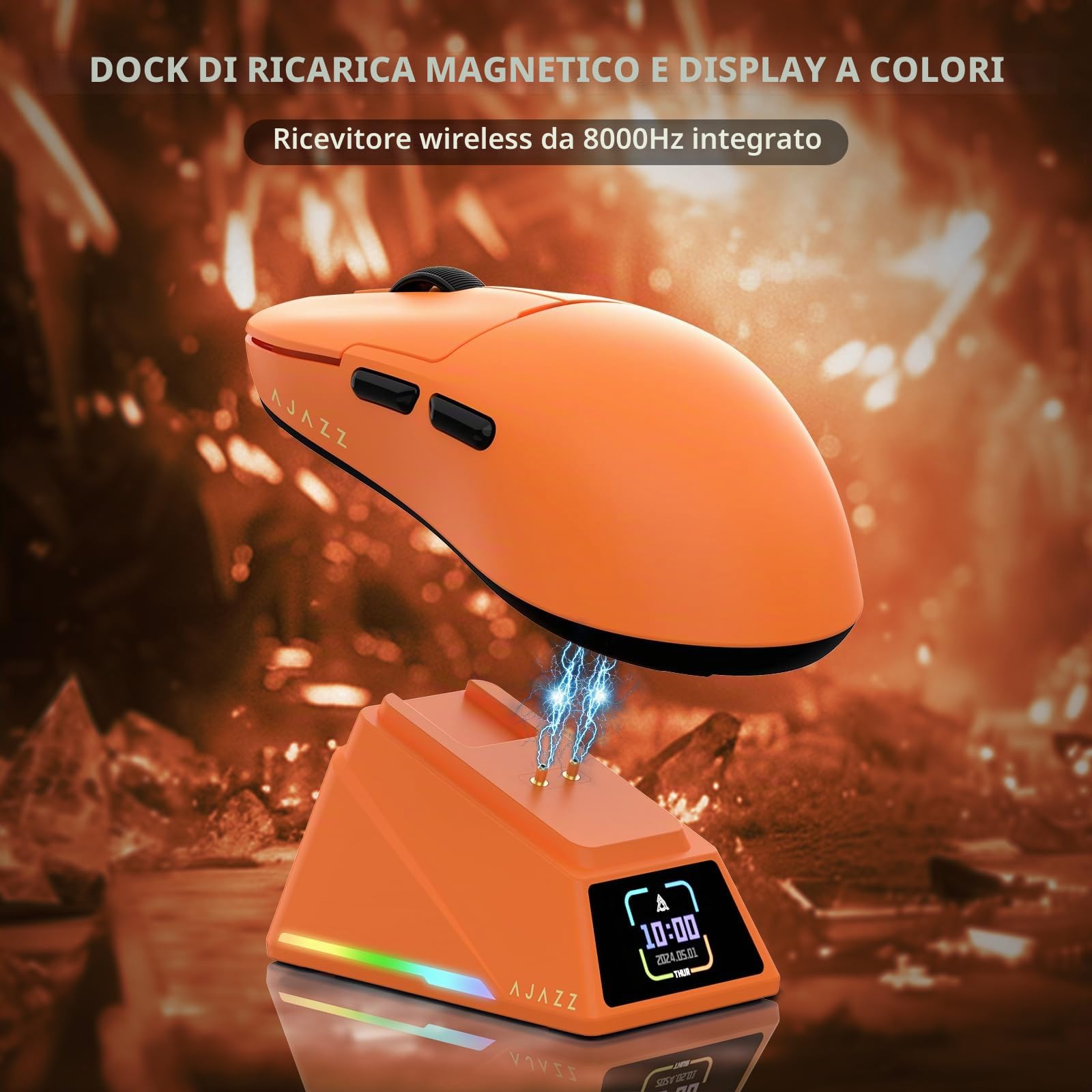 ATTACK SHARK Ajazz AJ159APEX PAW3950 Gaming Mouse, 42K DPI, Wireless 8K Hz Polling Rate, RGB Station di Carica con Schermo a Colori, 56g Ultraleggero Mouse da Gioco, 2.4G/BT/Cablato, PC/Mac, Arancione