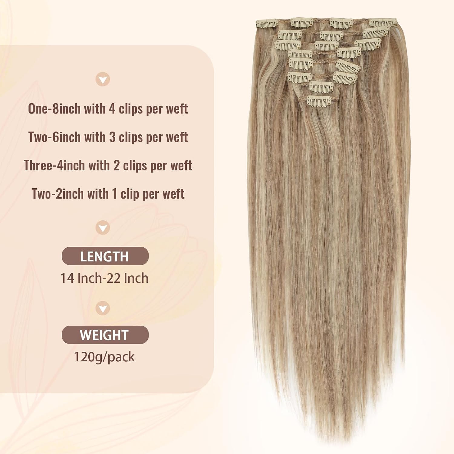 Sassina Human Hair Clip in Extensions 22 Inch Straight Clip in Hair Extensions Human Hair Golden Blonde to Medium Blonde Double Weft Clip ins 8 Pcs with 18 Clips 120 Grams #P16/22
