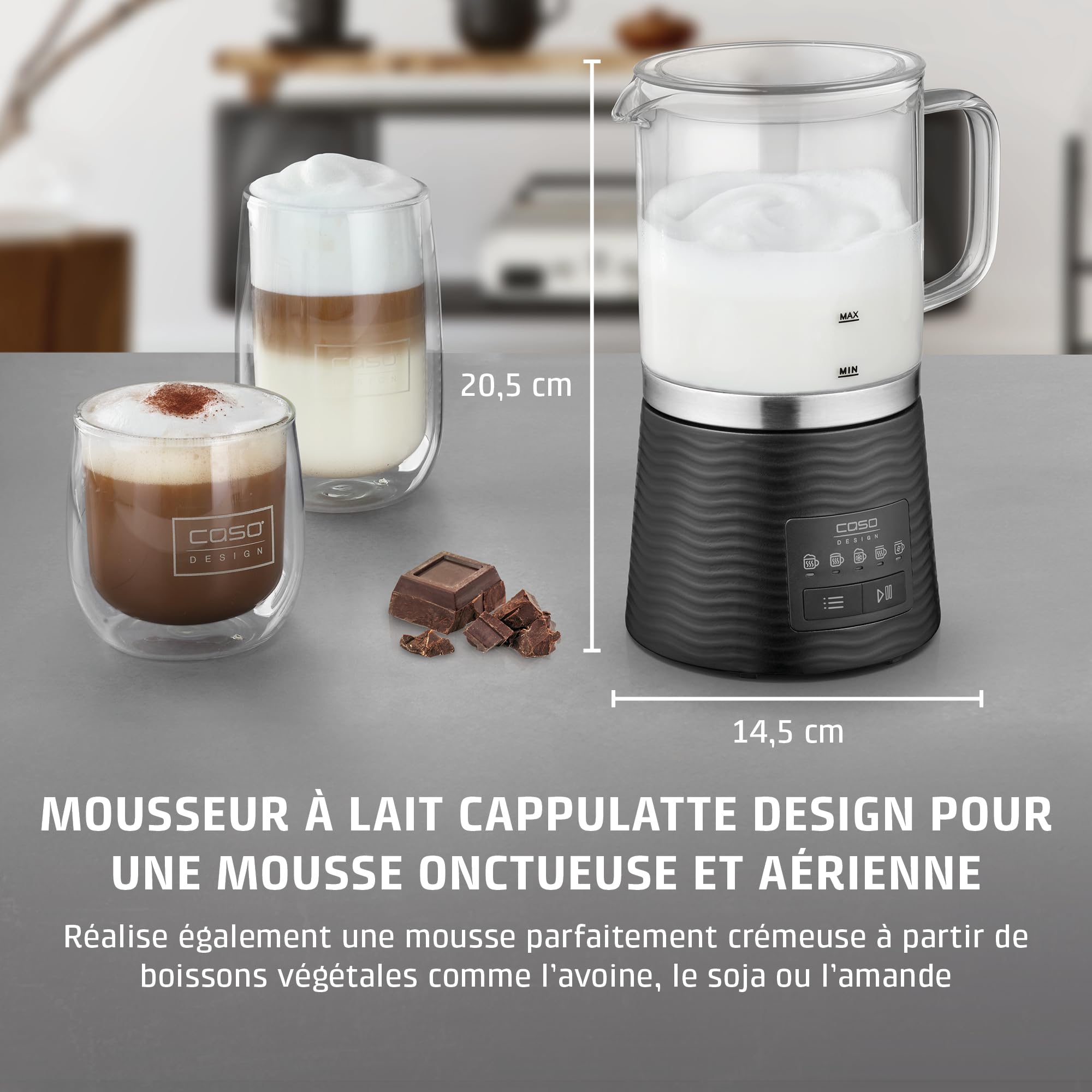 CASO CappuLatte Mousseur à lait électrique, mousse de lait crémeuse, mousseur à lait chaud et froid, cacao, chocolat chaud, récipient en verre amovible, passe au lave-vaisselle, 5 fonctions