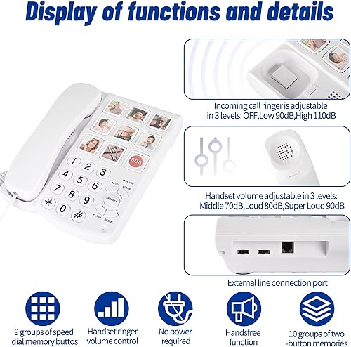 Miniatura 10 de Large Button Phones for Seniors, Land Line Phones for Elderly - Big Button Home Telephone for the Visually Impaired, 110dB+ Amplified Ringer & 90dB+
