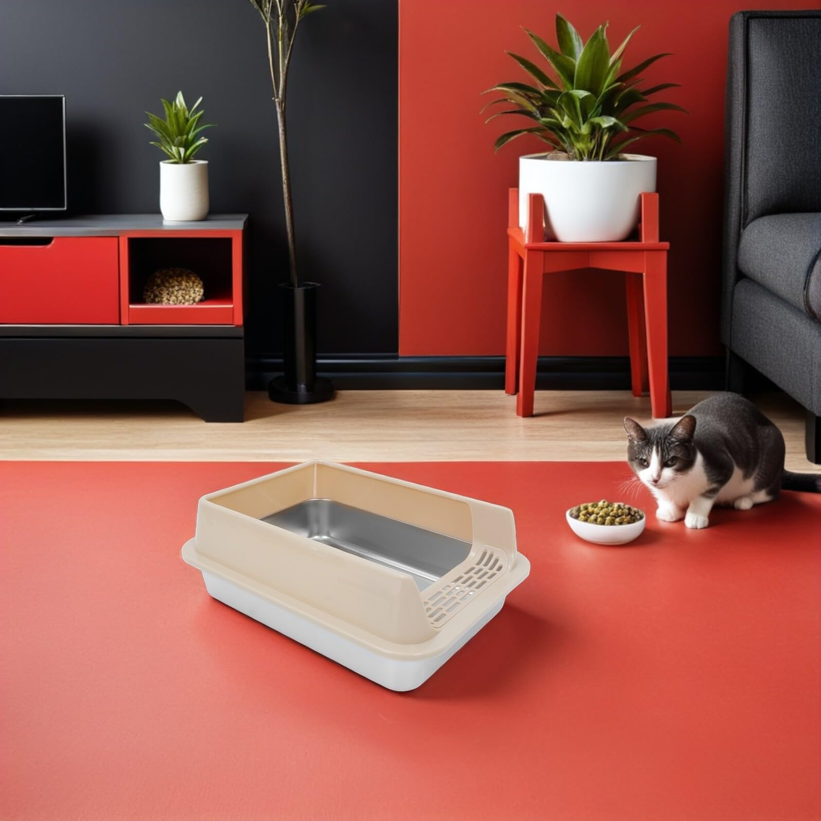 Alasum Edelstahl Katzenstreu Box mit Deckel und Schaufel Hohe Seiten Geschlossene Metall Katzentoilette Auslaufsicher Mittelgroß Khaki für Wohnung Reise und Innenbereich