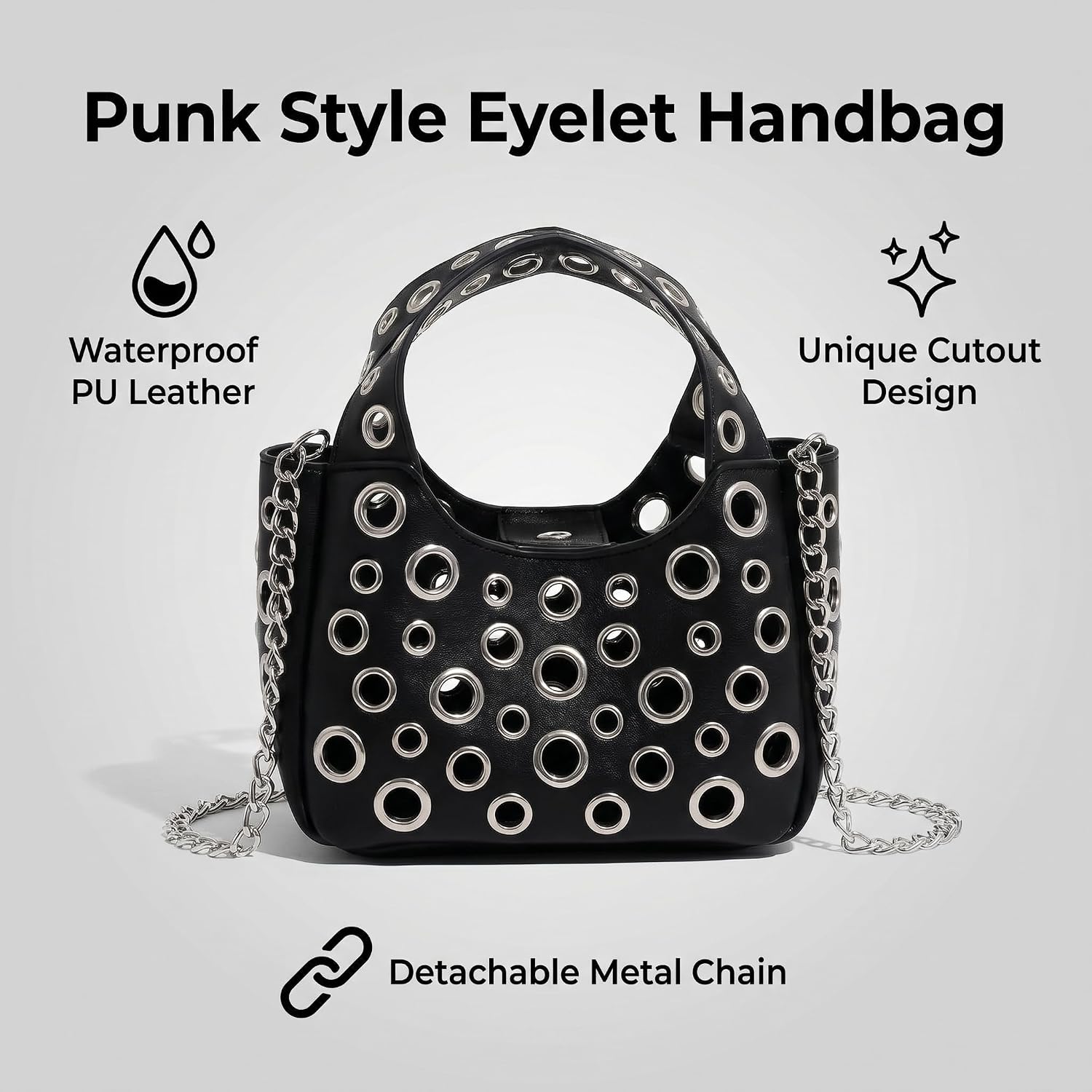 Y2K Punk Cutout Crossbody Bag for Women, Hollow Metal Ring Shoulder Purse with Detachable Chain