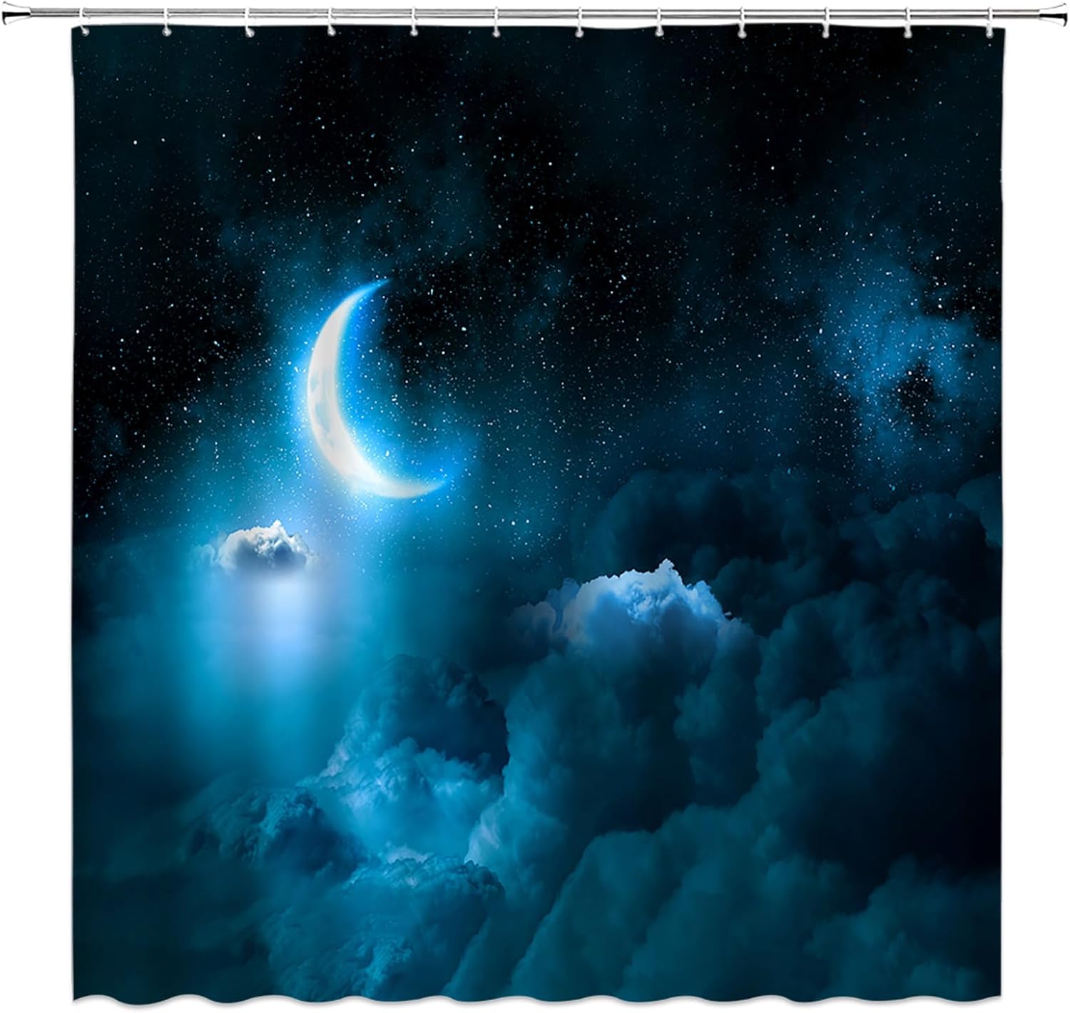 Moon Shower Curtain Purple Starry Sky Night New Moon Cloud Galaxy Bathroom Curtain Set with Hooks(91" Wx70 H)