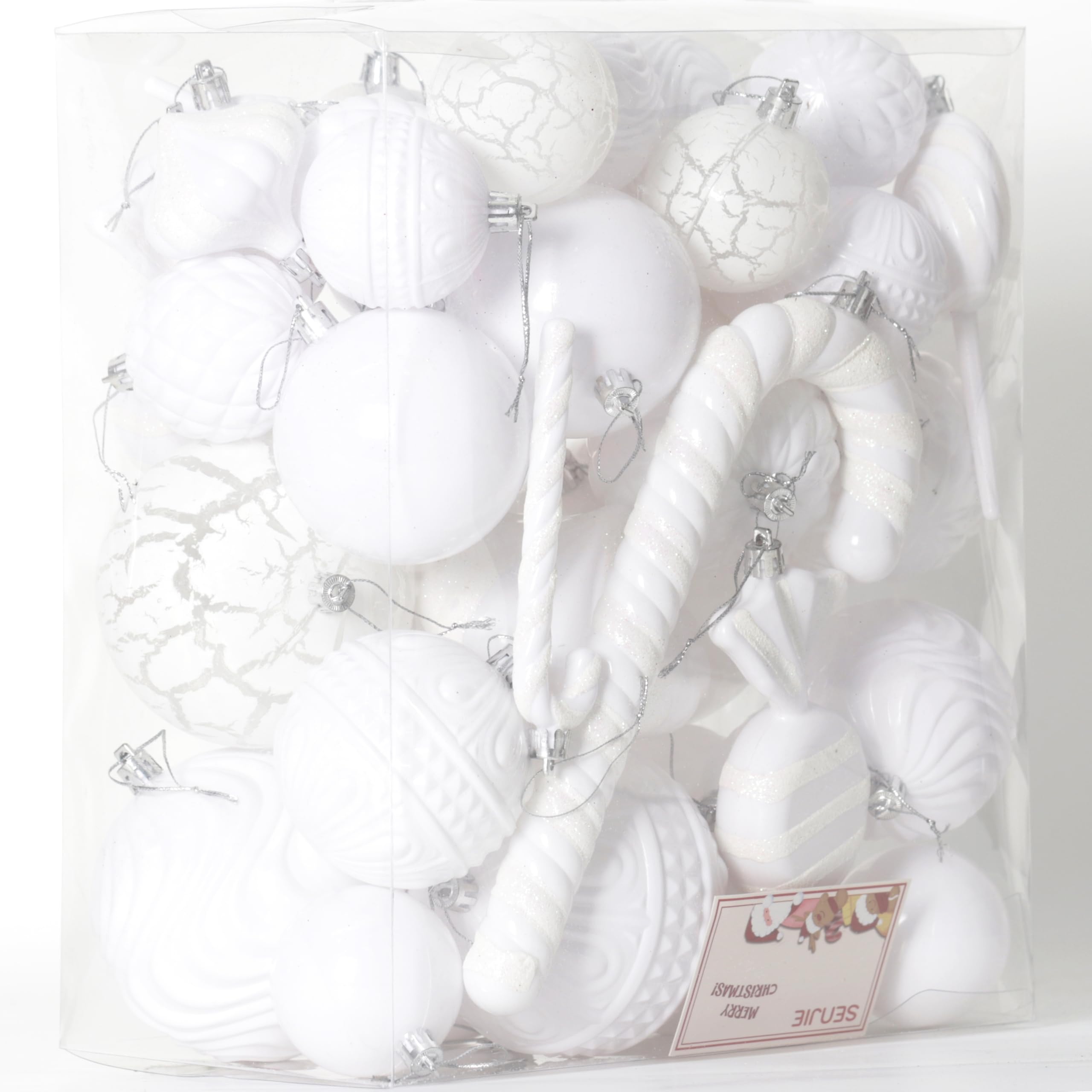 Christmas Tree Ornaments 46 pcs Assorted Multi-Size Large Candy Cane Shatterproof Ball Ornaments Set for Christmas Holiday Wreath & Party Decorations,White