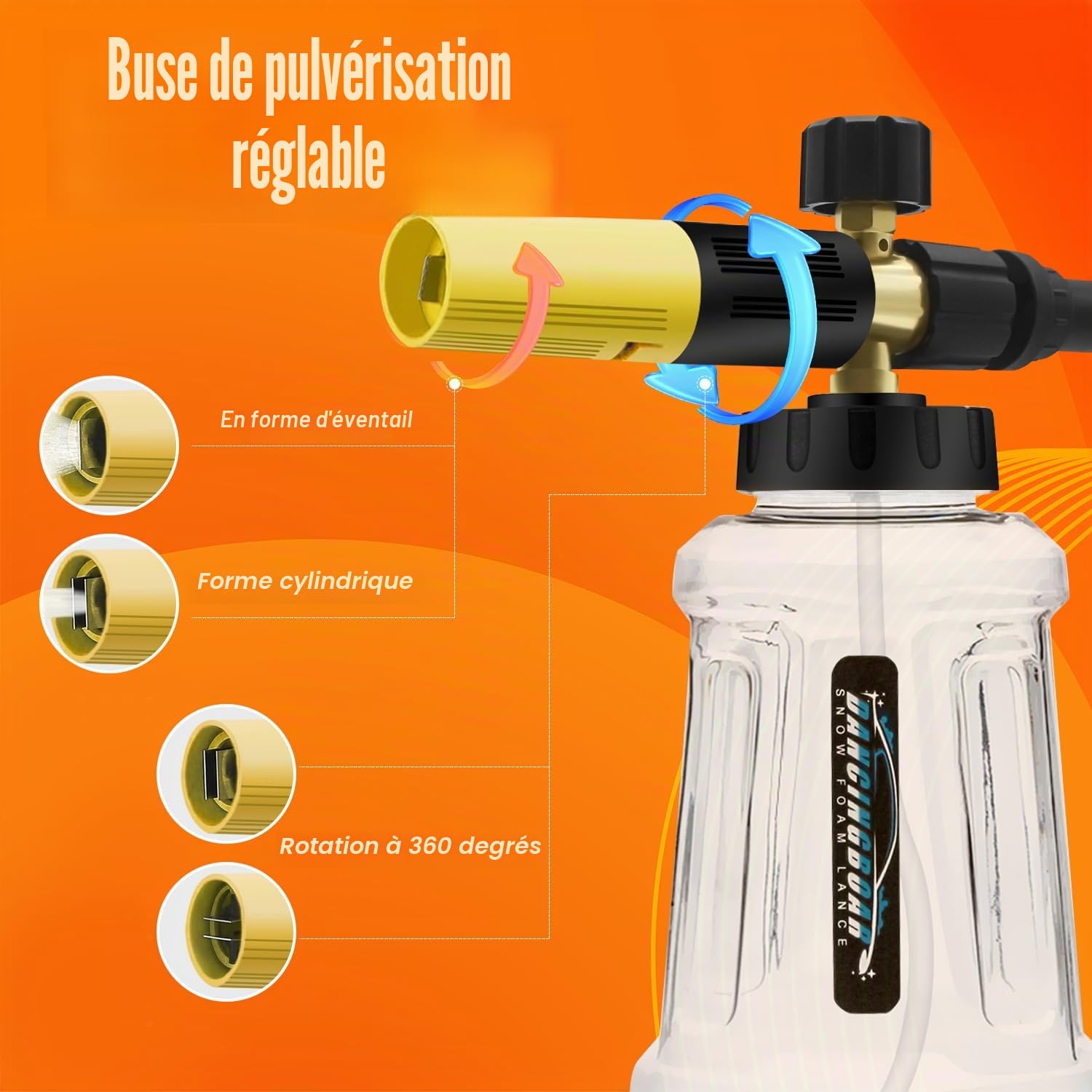 Canon a Mousse Amélioré pour Nettoyeur Haute Pression Karcher K Series K2 K3 K4 K5 K6 K7, Canon à mousse de Neige 1L avec Buse de Pulvérisation Réglable (Noir et Jaune)