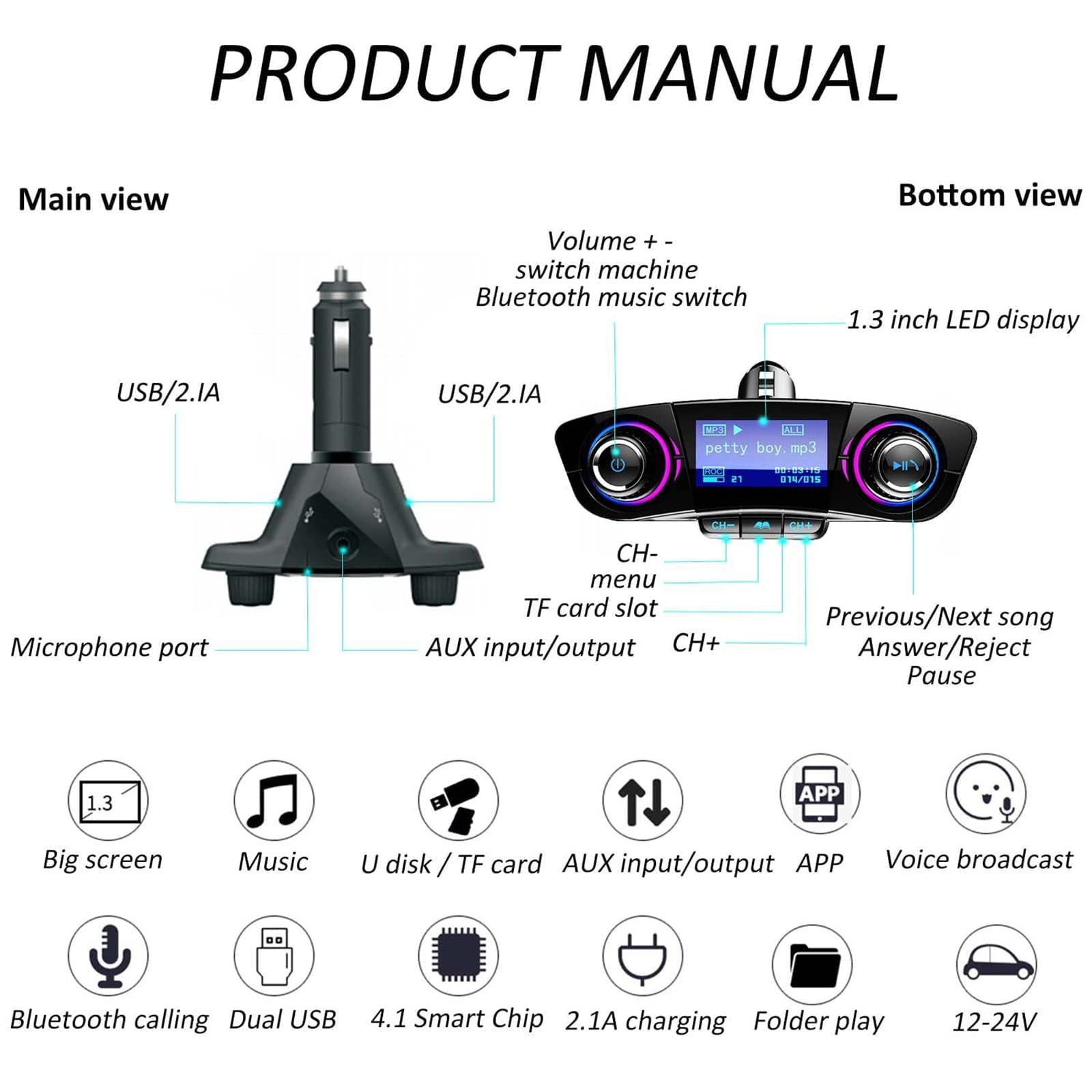 Bluetooth trasmettitore FM lettore MP3 kit vivavoce per auto wireless radio audio compatibile con Dual USB 5 V 2.1 A U disk TF Card