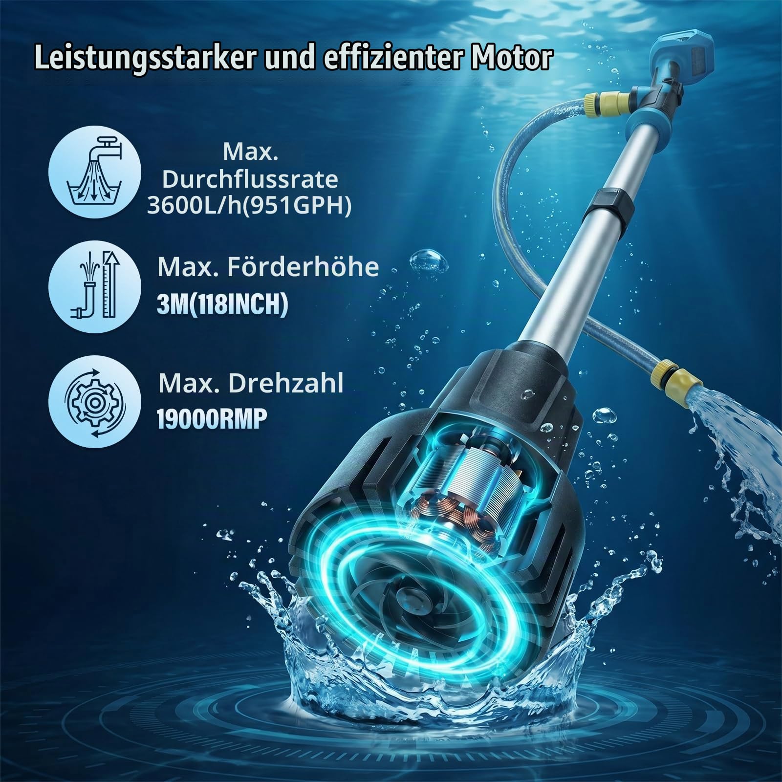 Akku Regenfasspumpe Wasserpumpe Kompatibel mit Makita Akku 18V | Kabellose Stab-Wassertransferpumpe, Tragbare Elektrische Wasserpumpe 3600 l/h, Förderhöhe 3 m für Pool/Gärten(no Akku)