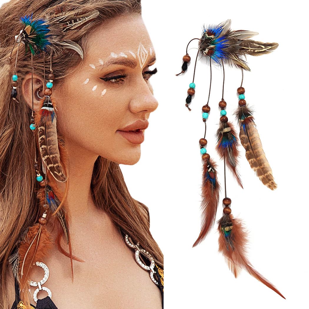 CAKURE Long Feather Hair Clip Boho Hippie Headbands Gypsy