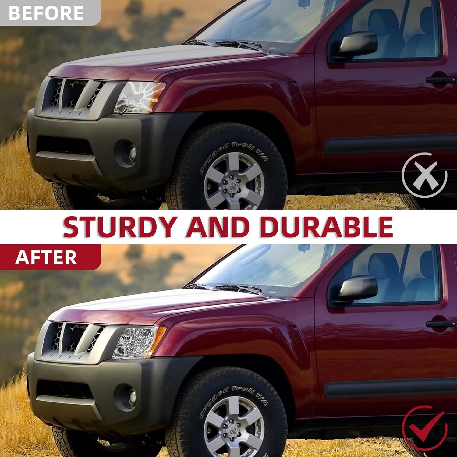 Halogen Headlight Assembly Compatible with 2005-2015 Nissan Xterra Chrome Housing Transparent Lens Headlamp Replacement w/o Bulbs Left and Right Side (Chrome)