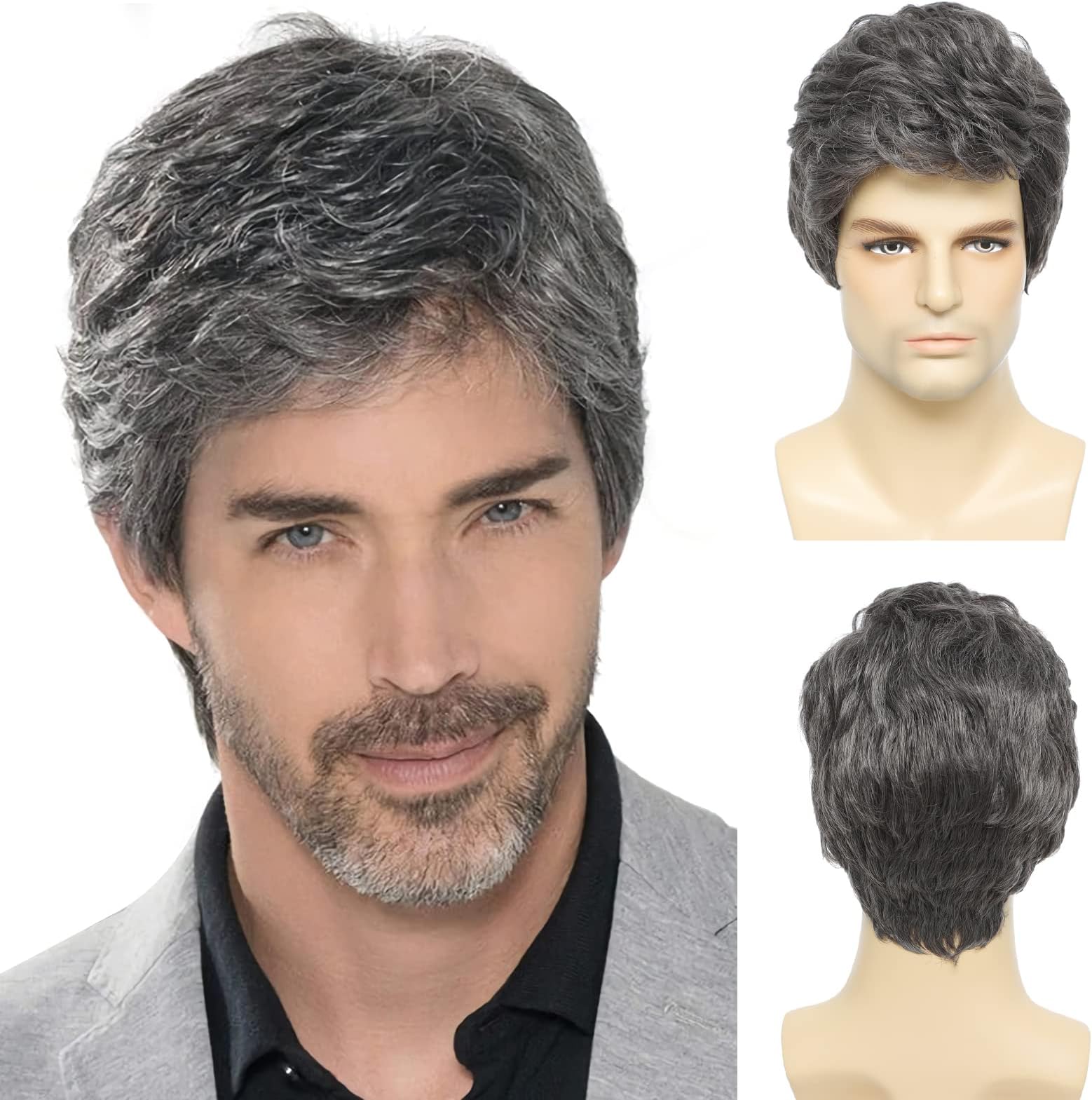 Men's Grey Wig, Short Men Wigs Layered Natural Hair Heat Resistant Synthetic Cosplay Costume Halloween Wigs for Men Male Guy