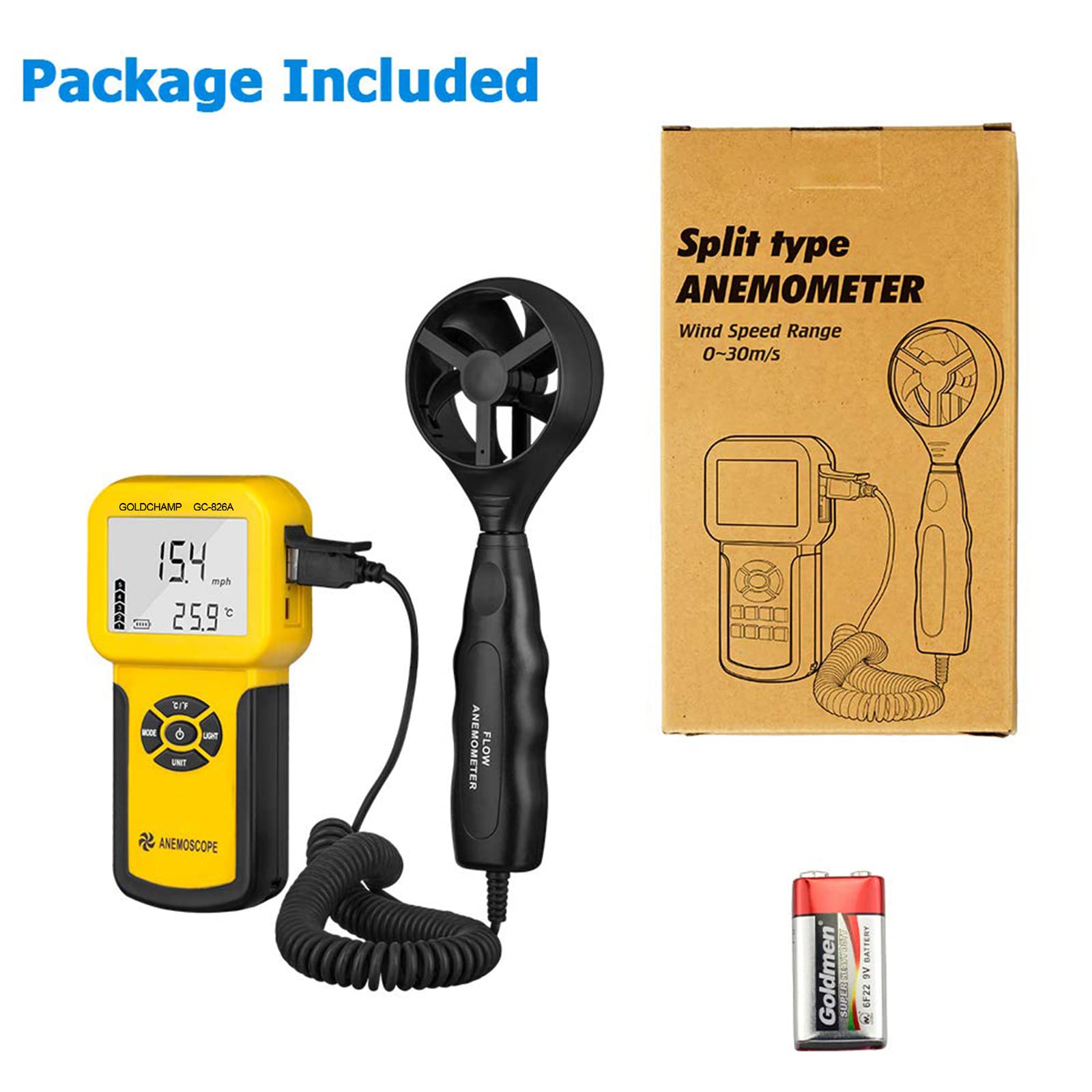 Anemometer windmesser, Digitales Anemometer Handmessgerät 826A Windmesser Windmessgerät/Temperatur ℃/℉, Digitaler Windmesser Max/Min/Durchschnitt/Echtzeitmessung mit LCD-Hintergrundbeleuchtung