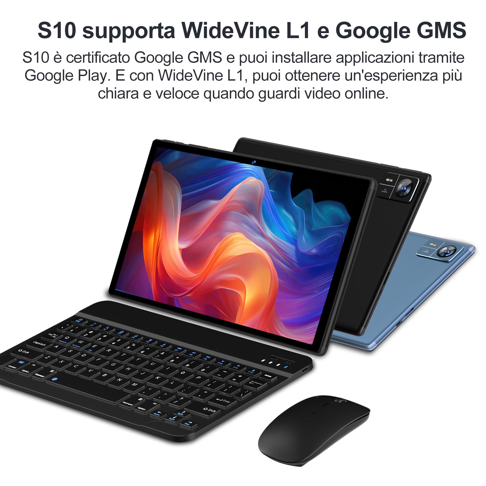 Tablets Android 14 10 Pollici 22GB RAM+128GB ROM(1TB TF), Octa-Core 2.0Ghz, 5G+2.4G WiFi, Bluetooth 5.0, GPS, 8MP + 5MP,Widevine L1, Tipo C, Cast, Tablet PC con Custodia, Tablet con tastiera, Nero