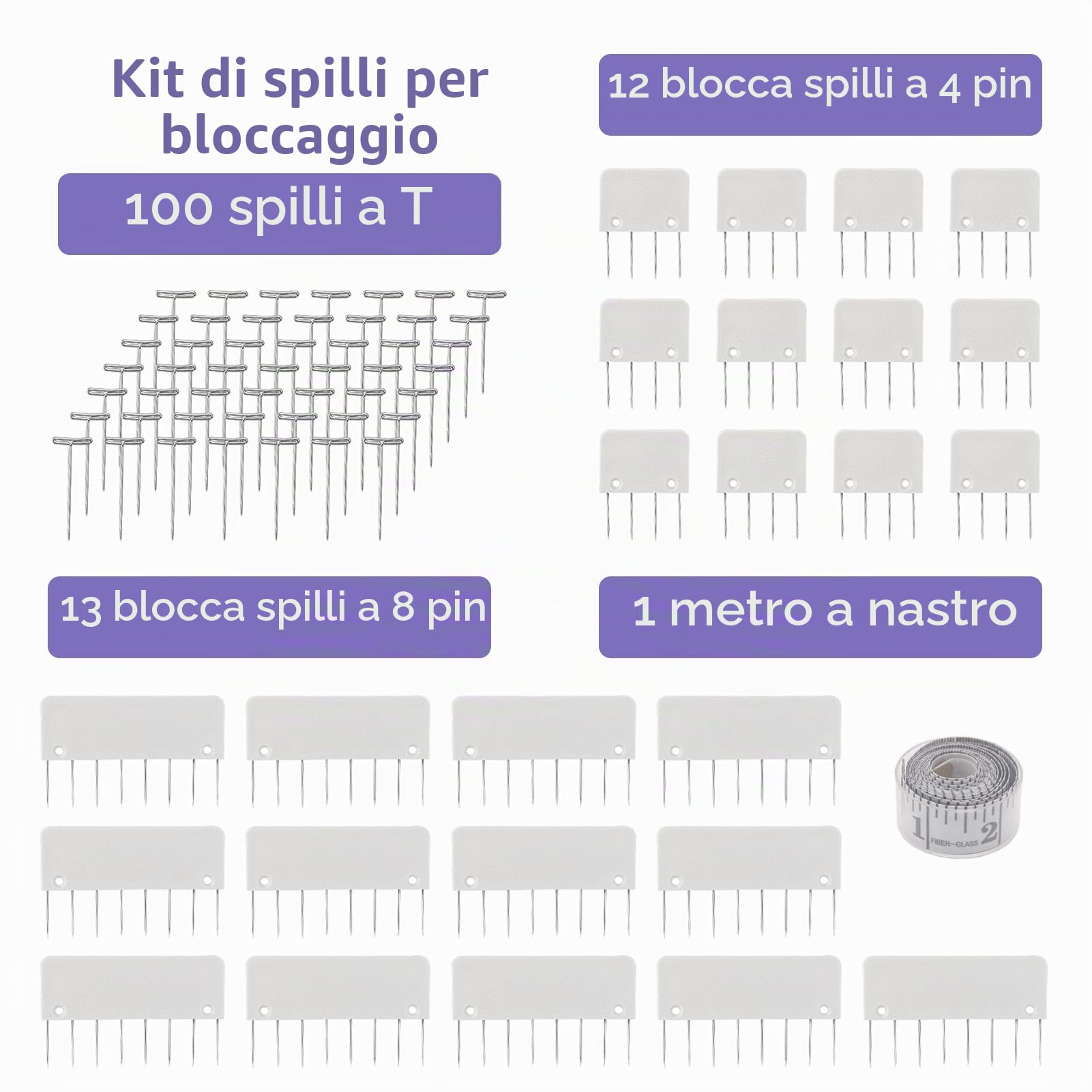 LAMXD Knit Blocking Pins Kit, Knit Blocking Combs - 25 Pettini per Blocking Knitting, Crochet, Lace o Needlework Projects - Extra 100 T-pin - da utilizzare con tappetini bloccanti per Knitting Mat
