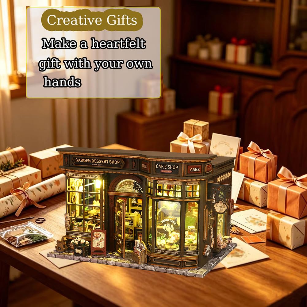 Kit puzzle 3D in legno, fai da te in miniatura casa delle bambole con luci a LED, decorazione da giardino per dessert, scaffale per libri, regalo creativo per adulti e ragazzi