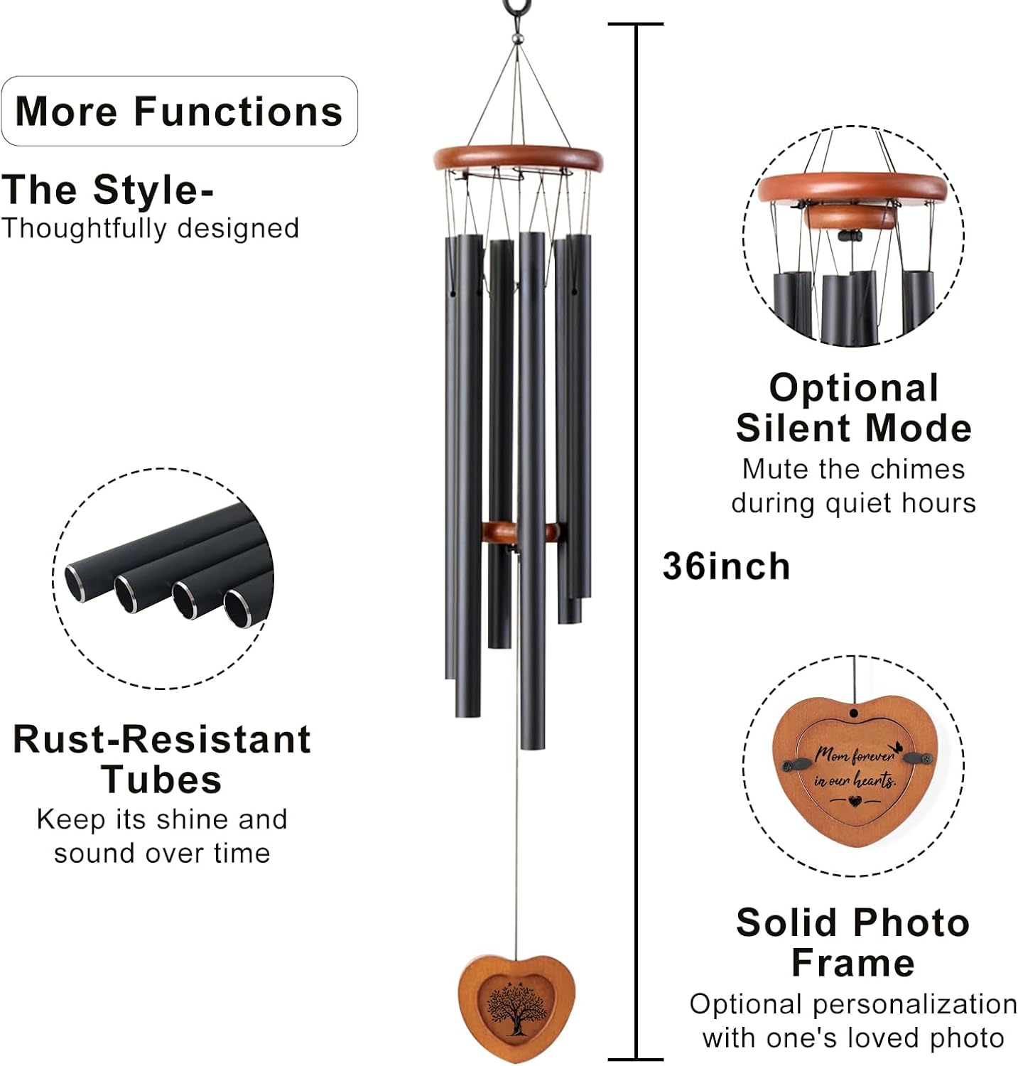 Memorial Wind Chimes for Loss of Mother - 36'' Outside Sympathy Wind Chimes Gifts for Loss of Mom, Windchimes in Memory of Mom Mother, Home Outdoor Garden Porch Patio Decor - Image 4