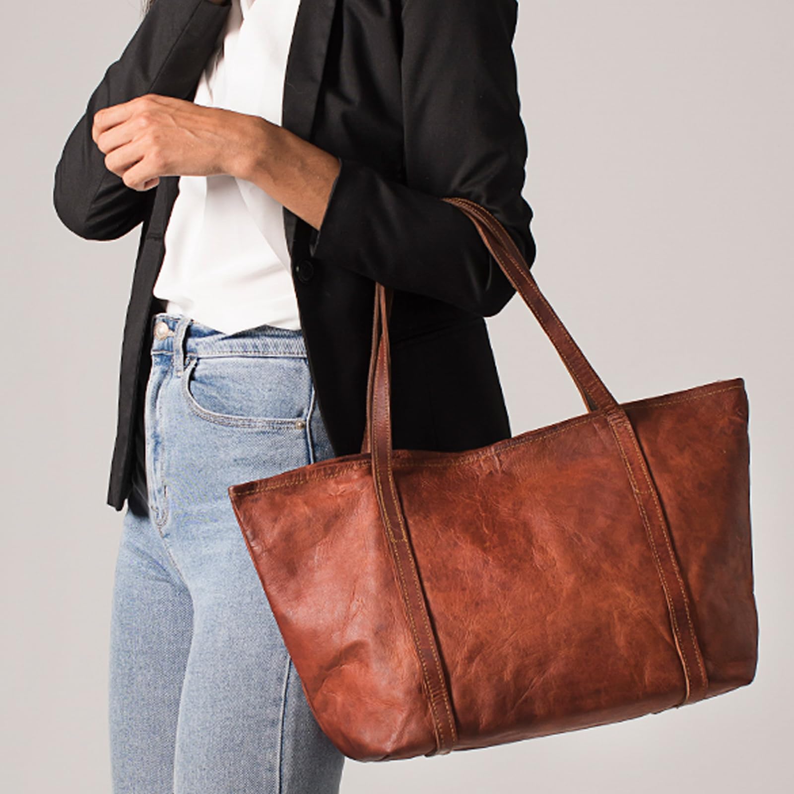 LEABAGS Bolso de Mano Mujer | Shopper de Cuero Genuino Premium | Bolsa de Negocios para Portátil de hasta 16" | Bolsa de Transporte para Trabajo, Universidad, Escuela, Tiempo Libre o Compras | Marrón