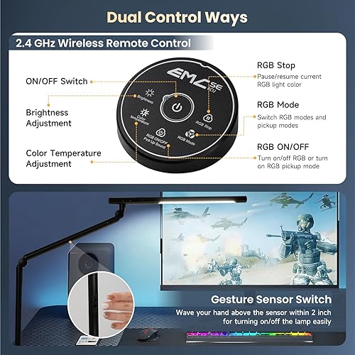 Miniatura 5 de Pak Lámpara de escritorio LED con abrazadera, luz de escritorio de arquitecto de doble luz de 18 W, interruptor de sensor de luz RGB con brazo