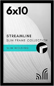 Americanflat 6x10 Picture Frame with Shatter-Resistant Glass - Streamline Collection - Thin Border Photo Frame for Tabletop and Wall Display - Hanging Hardware and Easel Stand Included - Black