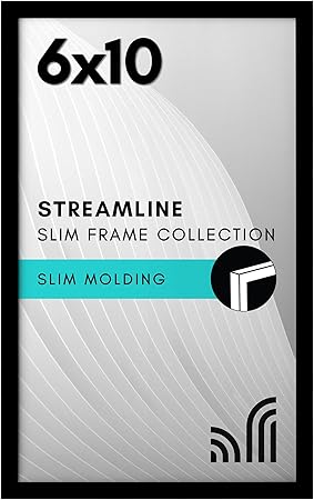 Americanflat 6x10 Picture Frame with Shatter-Resistant Glass - Streamline Collection - Thin Border Photo Frame for Tabletop and Wall Display - Hanging Hardware and Easel Stand Included - Black