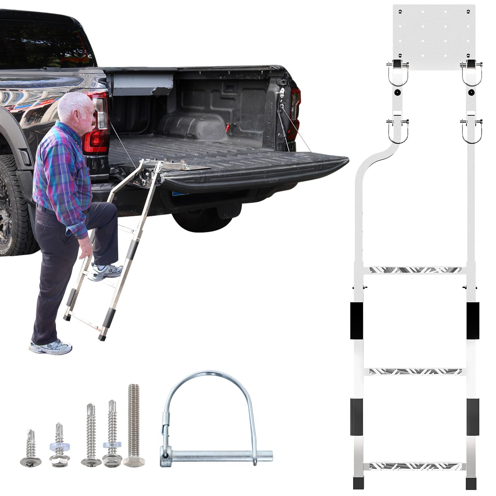 Tailgate Ladder, Stainless Steel Pickup Trucks Tailgate Steps, Elder-Friendly Truck Bed Ladder with Anti-Slip Steps, No Noise Pad, Easy Install Foldable Truck Accessories Universal Fit Ford Ram