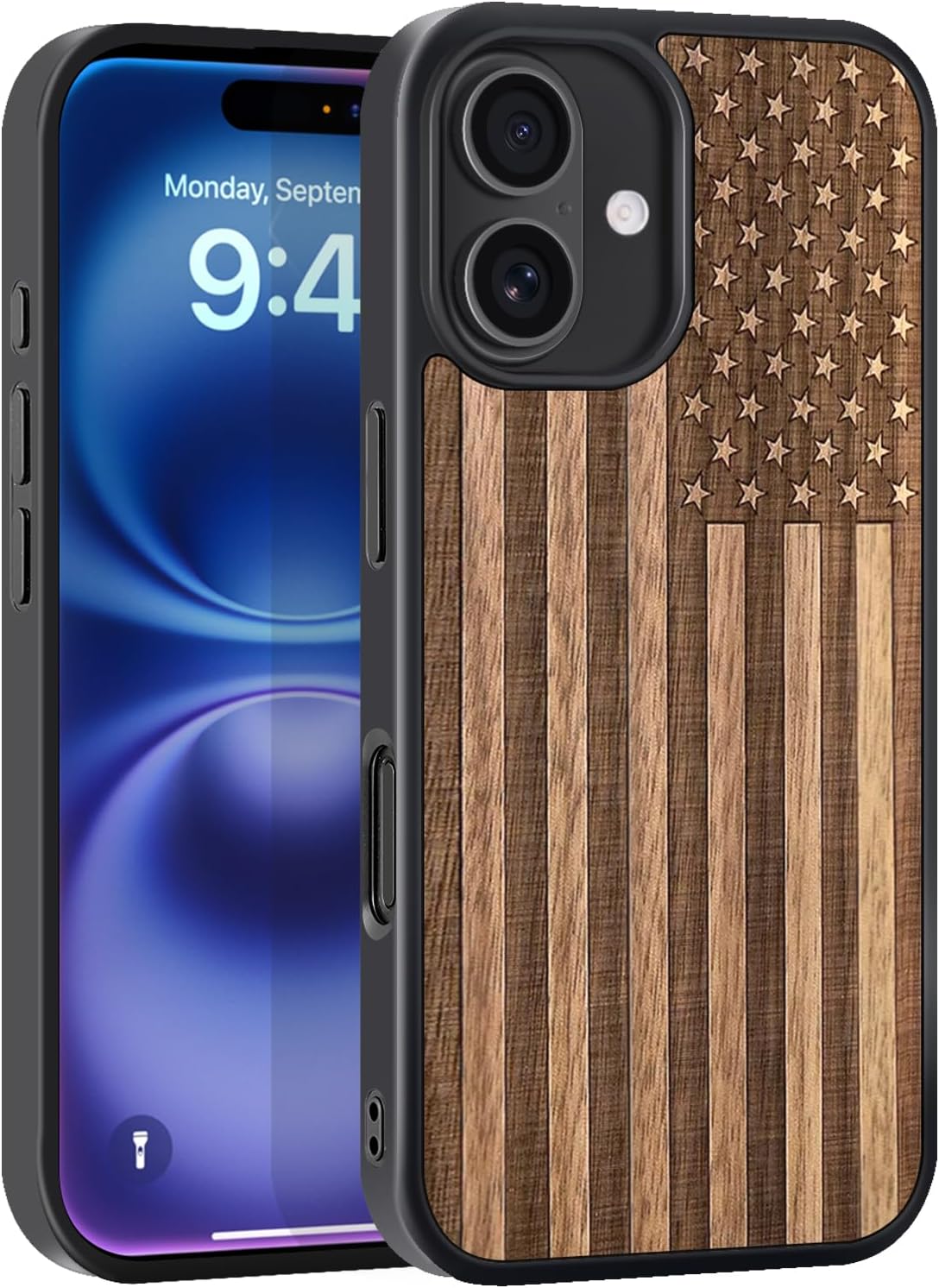 Wooden Phone Case is Suitable for iPhone 16, 6.1 inches, Unique Natural Wood Grain and Color, Magnetic Wireless Charging is Suitable (American Flag-Walnut).