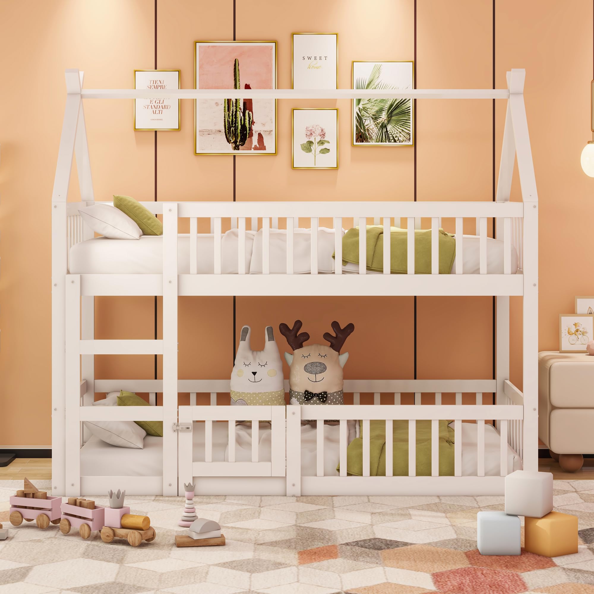 Etagenbett für 2 Kinder, 90x200 cm Kinderbett Bodenbett Hausbett mit Rausfallschutz und Lattenrost,Vollschutzgitter und Türen, Massivholz Doppelbett Stockbett Gitterbett Jugendbett,Ohne Matratze,Weiß
