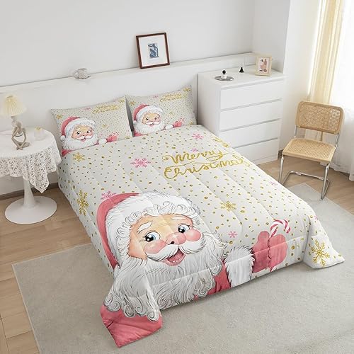 Miniatura 3 de Juego de edredón de Feliz Navidad, tamaño Queen, juego de ropa de cama de copos de nieve con purpurina dorada, juego de edredón de dibujos animados