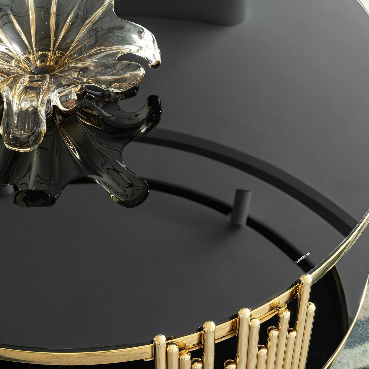 31.5" Round Coffee Table, 2-Tier Black Tempered Glass Coffee Table with Gold Metal Frame for Living Room, Office & Café