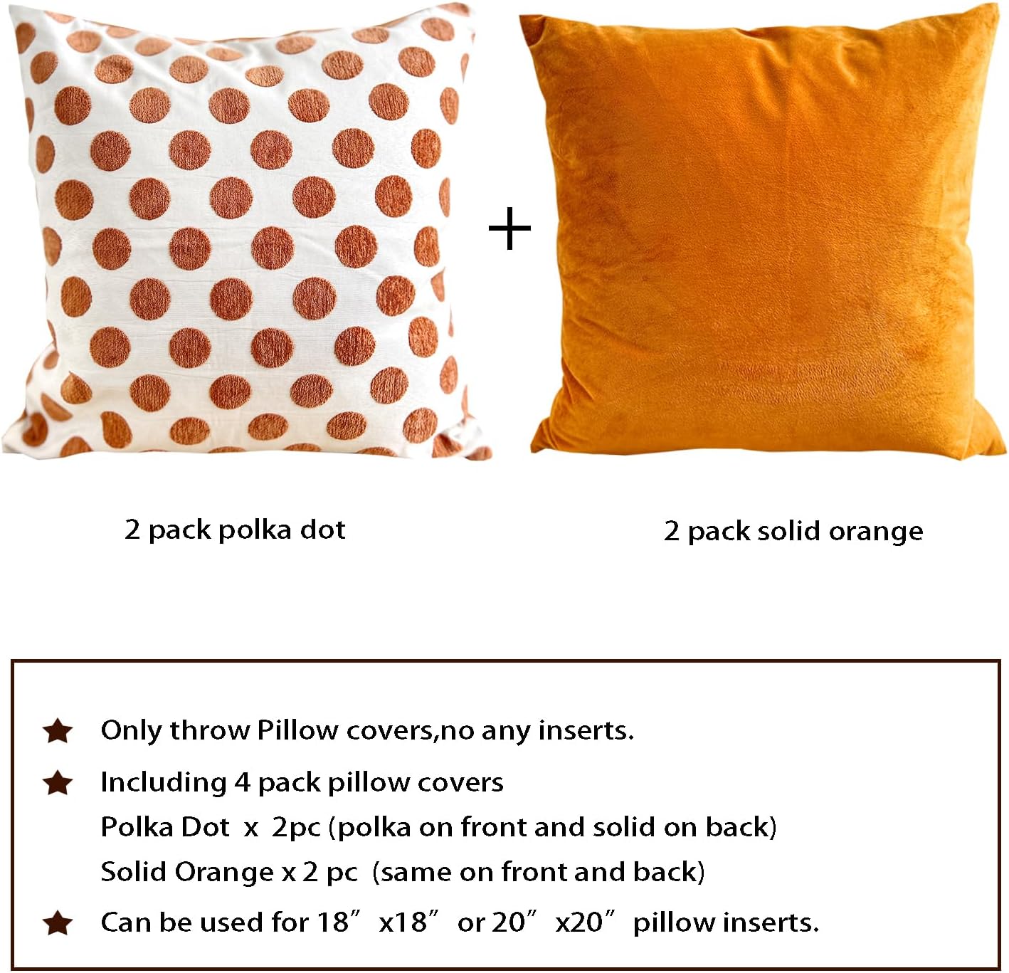 HOPLEE Orange Throw Pillow Cover 18x18 Pillow Covers Decorative Cushion Cover with Polka Dot and Solid Orange Design 18x18 inches,4 Pack