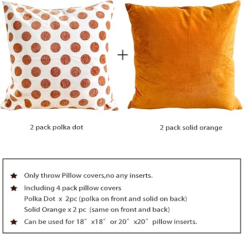 Miniatura 3 de HOPLEE Funda de almohada naranja de 18 x 18 pulgadas, fundas de cojín decorativas con diseño de lunares y naranja liso, 18 x 18 pulgadas, paquete de