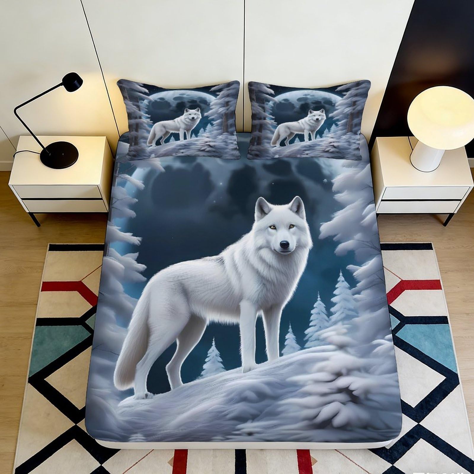 3D Printed White Wolf Fitted Sheet Microfiber Soft Breathable Moonlit Forest Bed Cover for Bedroom Dormitory Guest Room Mattress Protection Decor 120x200x25cm
