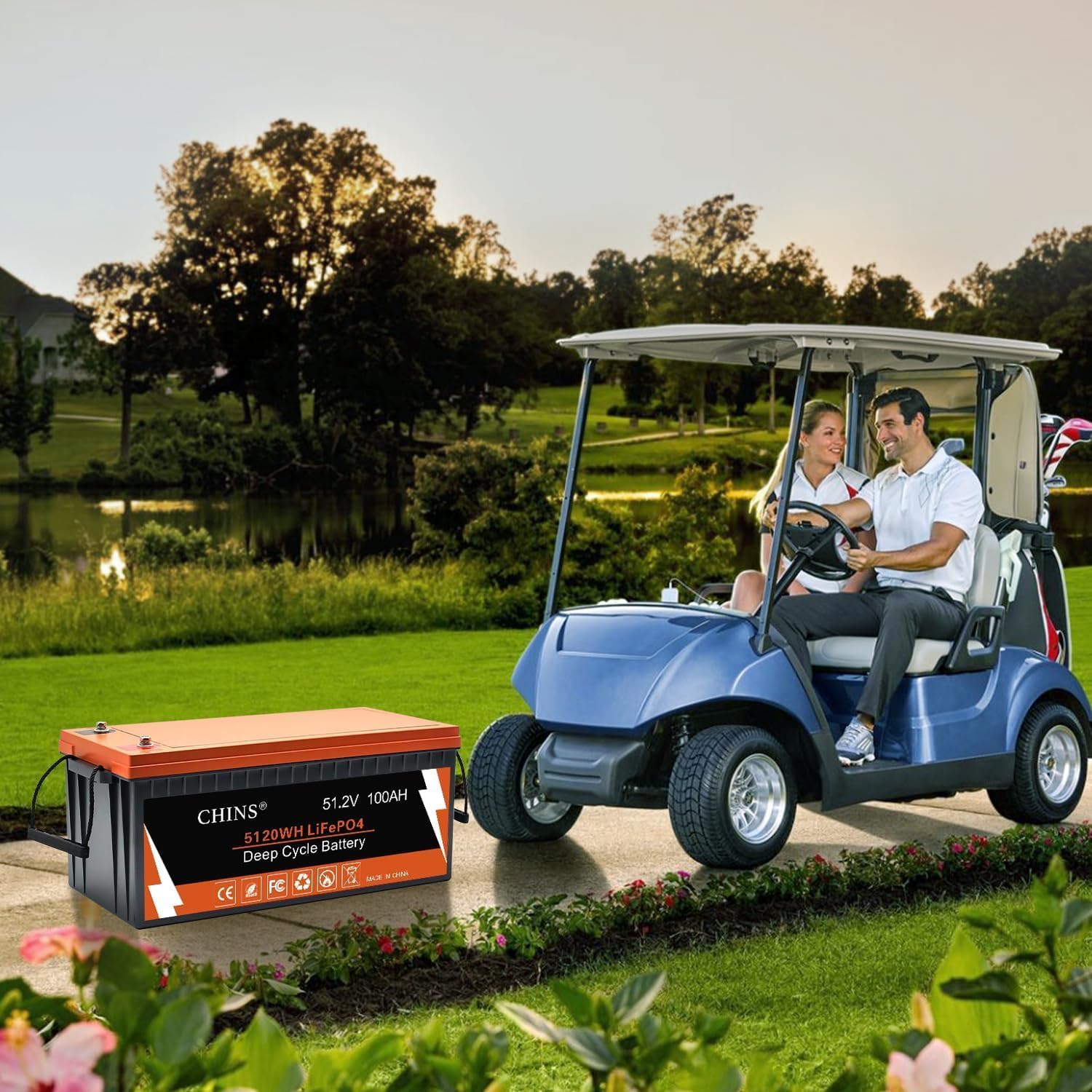 CHINS 48V Lithium Golf Cart Battery, 48 Volt 100Ah LiFePO4 Battery, Built-in Bluetooth 200A BMS, Includes 48V 10A Lithium Battery Charger, Perfect for Golf Carts, Trolling Motors, Marine