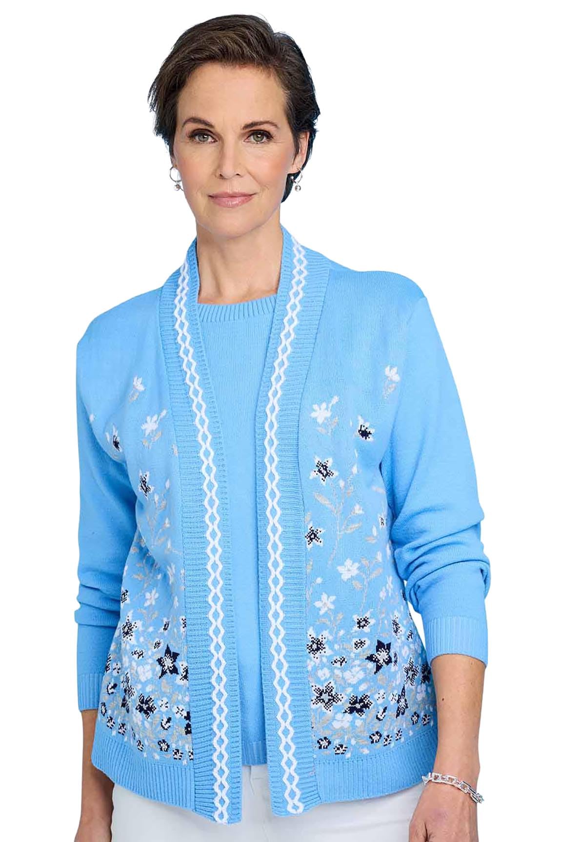 Chums Ladies Floral Jacquard Mock Twin Set Cardigan with Elegant Edge Trim Detail, Comfortable Stretch Fit Hydrangea 18-20