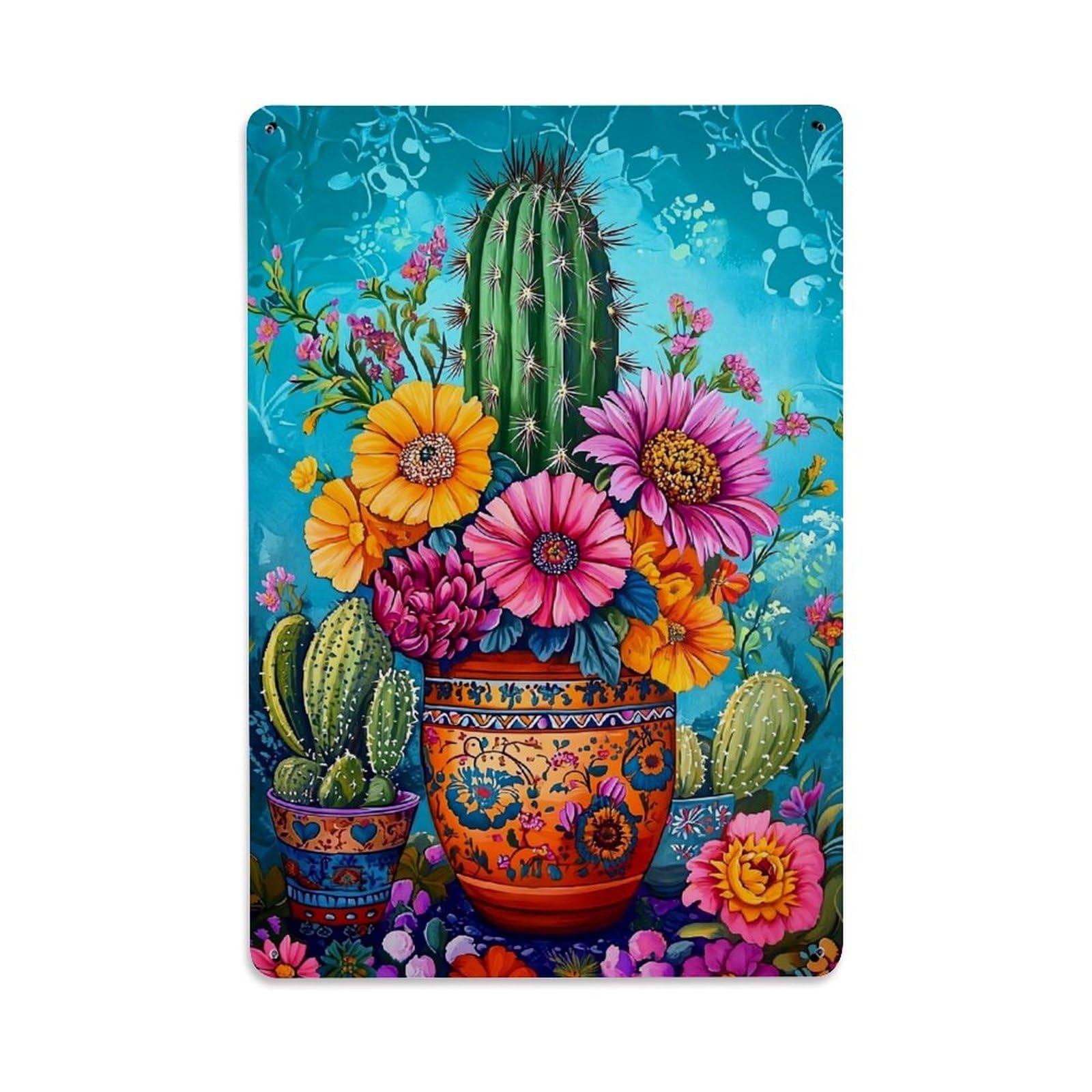 Jdfenggu Vintage Colorful Floral Cactus Pattern Art Retro Metal Tin Sign, Decor Art Poster For Bar, Home, Man Cave, Kitchen, Laundry Room Gift 8X12inch