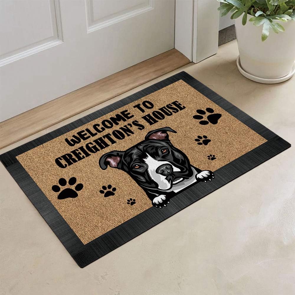 Personalized Welcome to Dog House Doormat with Cartoon Cute Peeking Puppy Pit Bull Custom Door Mats for Home Decor 23.6 x 15.7 Inch